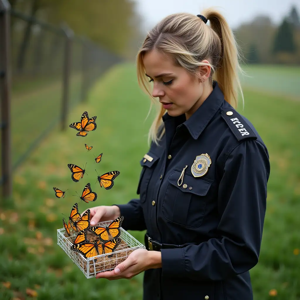 Police-Woman-Rescues-13-Yellow-Butterflies-and-Takes-Them-to-Greenhouses