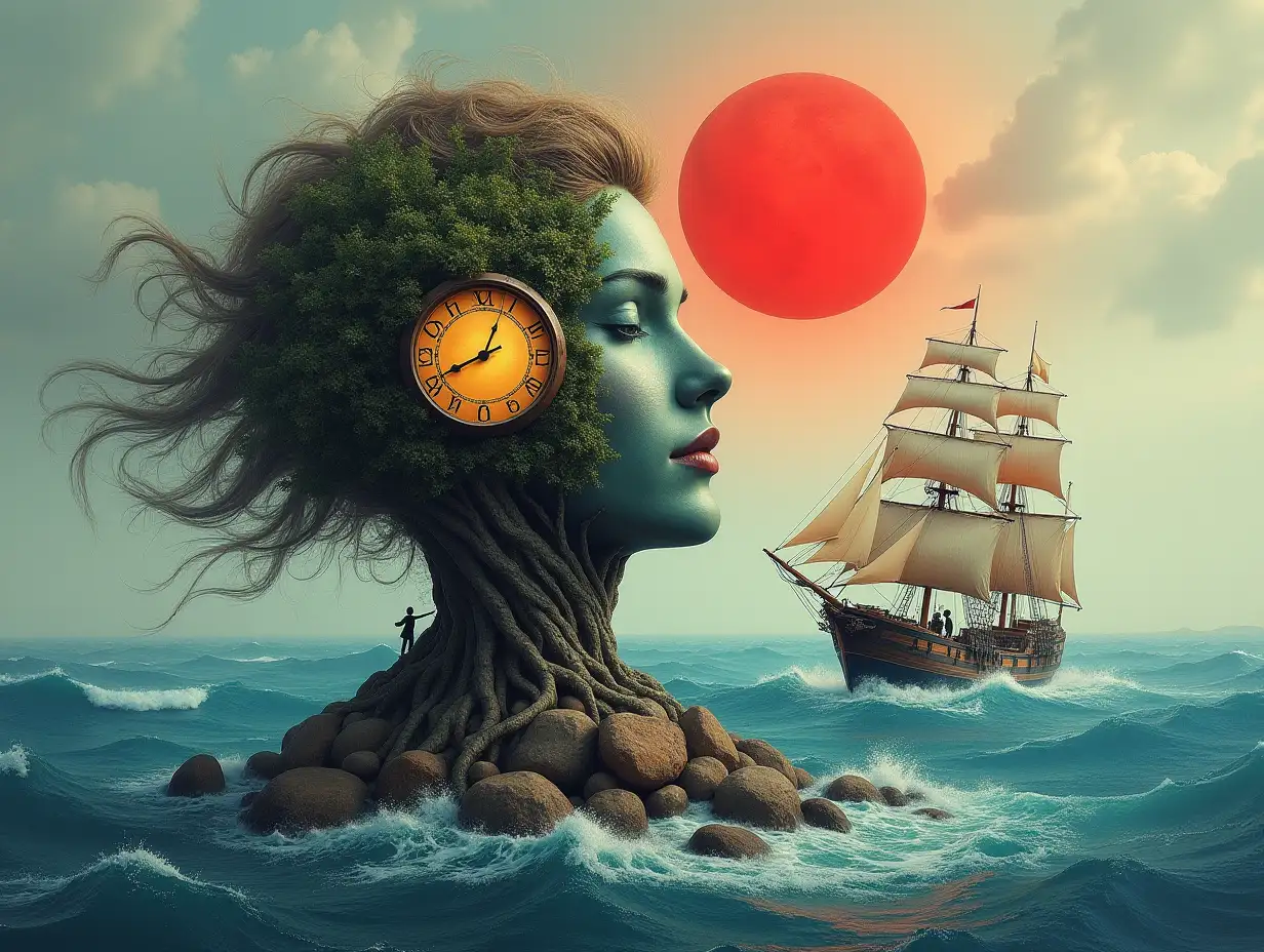 Face with hair transformed into a building with lit up clock and roots on an island with red sun sea sailing ship with large stones and big waves