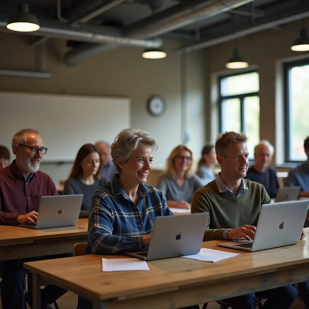 several middle-aged people, inside a classroom with wooden tables, with industrial lighting, where everyone shows enthusiasm for learning. Each one has their laptop