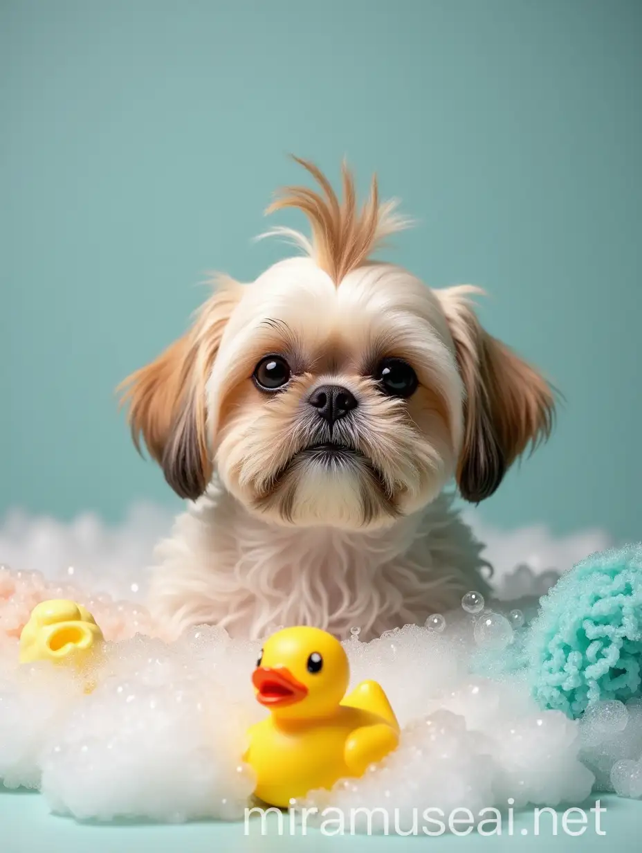 Shi Tzu with Mohawk Haircut in Bubble Bath with Rubber Duck