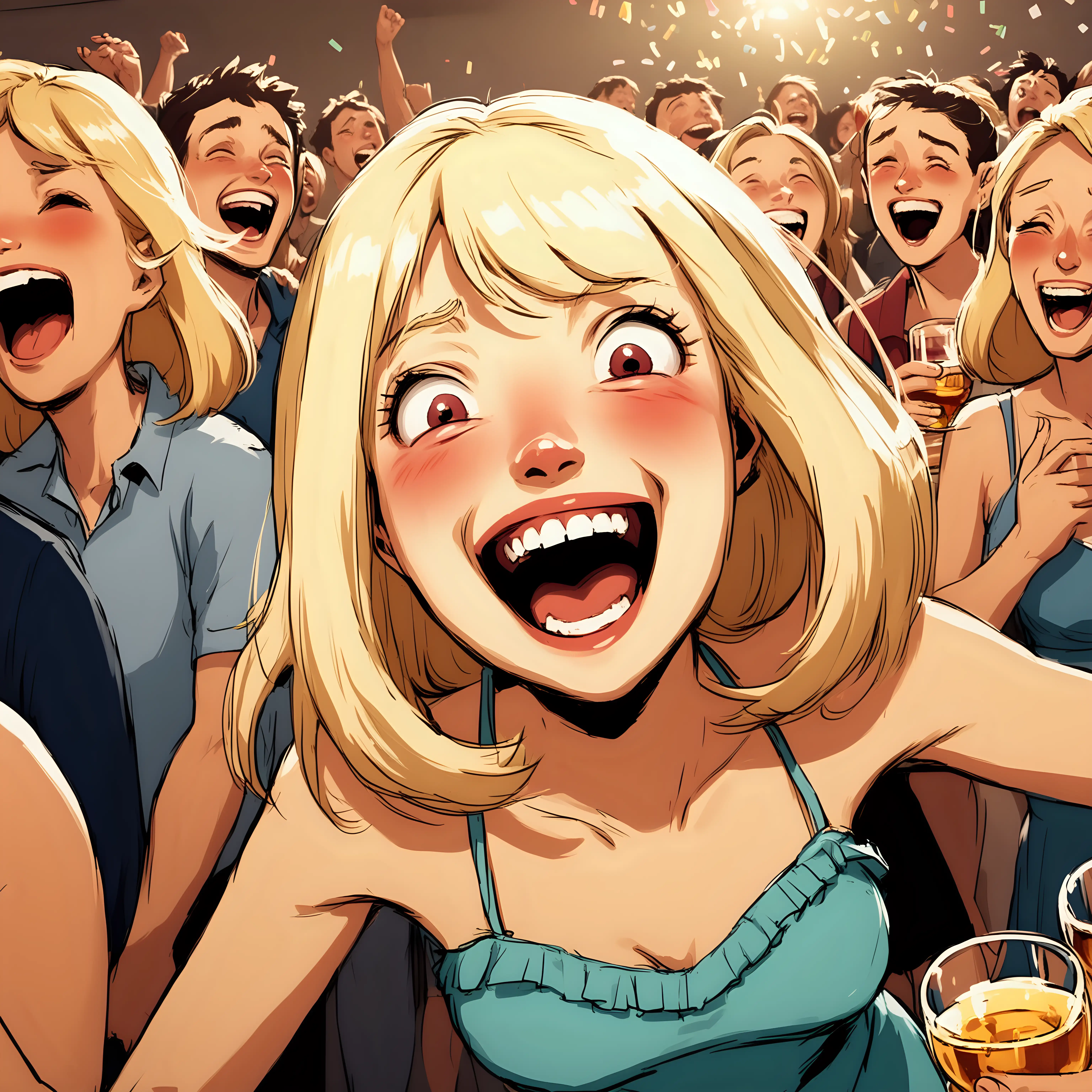 Lively-Cartoon-Scene-of-a-Petite-Blonde-Woman-Laughing-at-a-Party