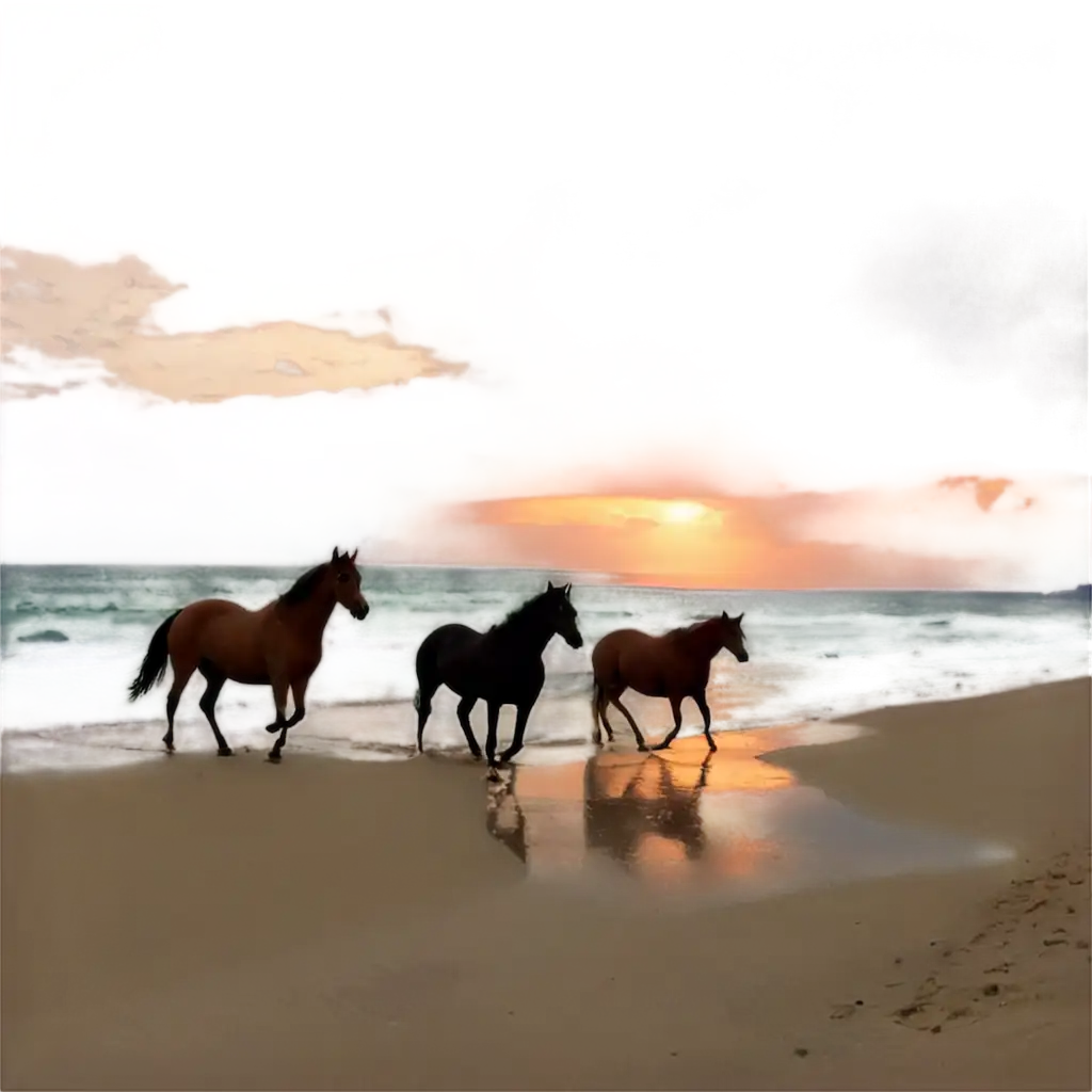 Three-Horses-on-the-Beach-at-Sunset-Captivating-PNG-Image-for-Serene-Coastal-Scenes