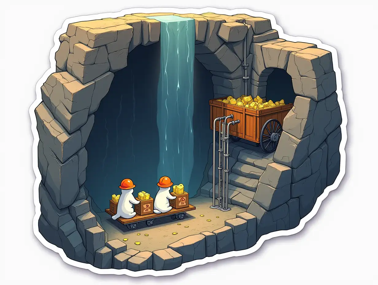 A curvilinearly cut sticker depicting a mine lift in the section of an underground mine in a stone cliff. Little white miners, cats in orange hard hats, go down to mining trolleys loaded with ingots of iridescent uranium.  cut sticker design, high resolution, white background, paint in anime style