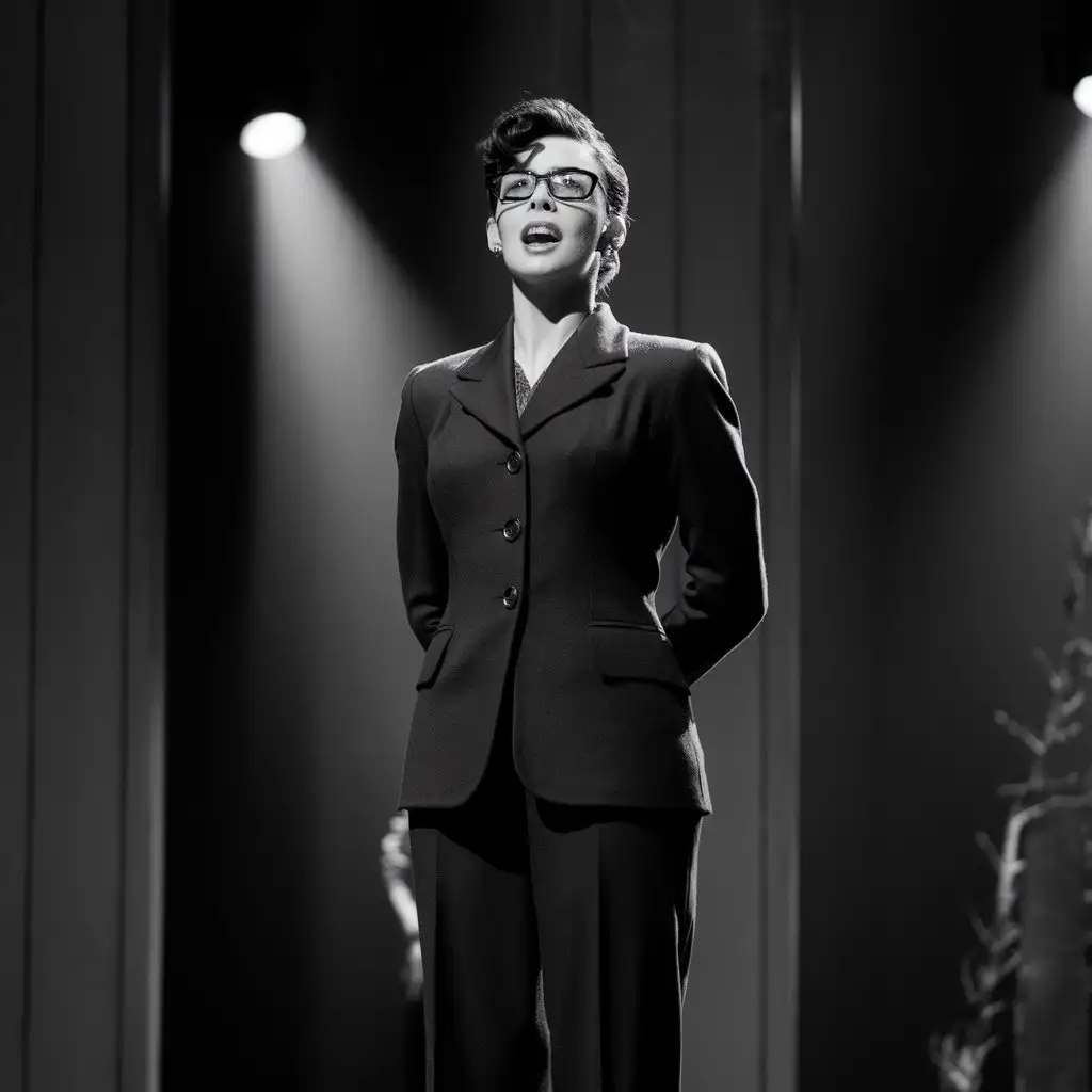 Catherine-Hepburn-in-Dark-Suit-Singing-in-For-the-Sins-of-the-Fathers-Musical-1954