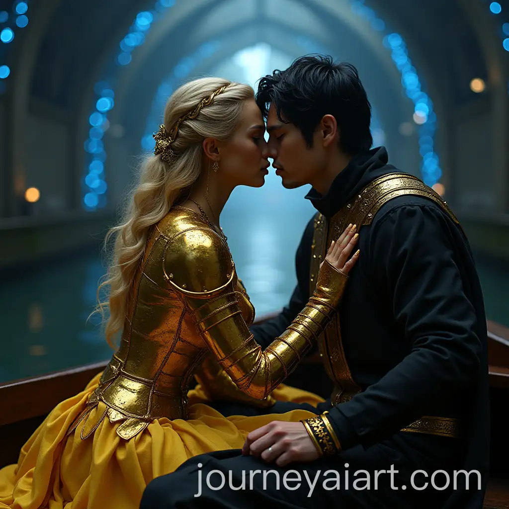 Romantic-Reunion-of-Fated-Lovers-in-Fantasy-Canal-with-GoldPlated-Woman-and-Shadowy-Man