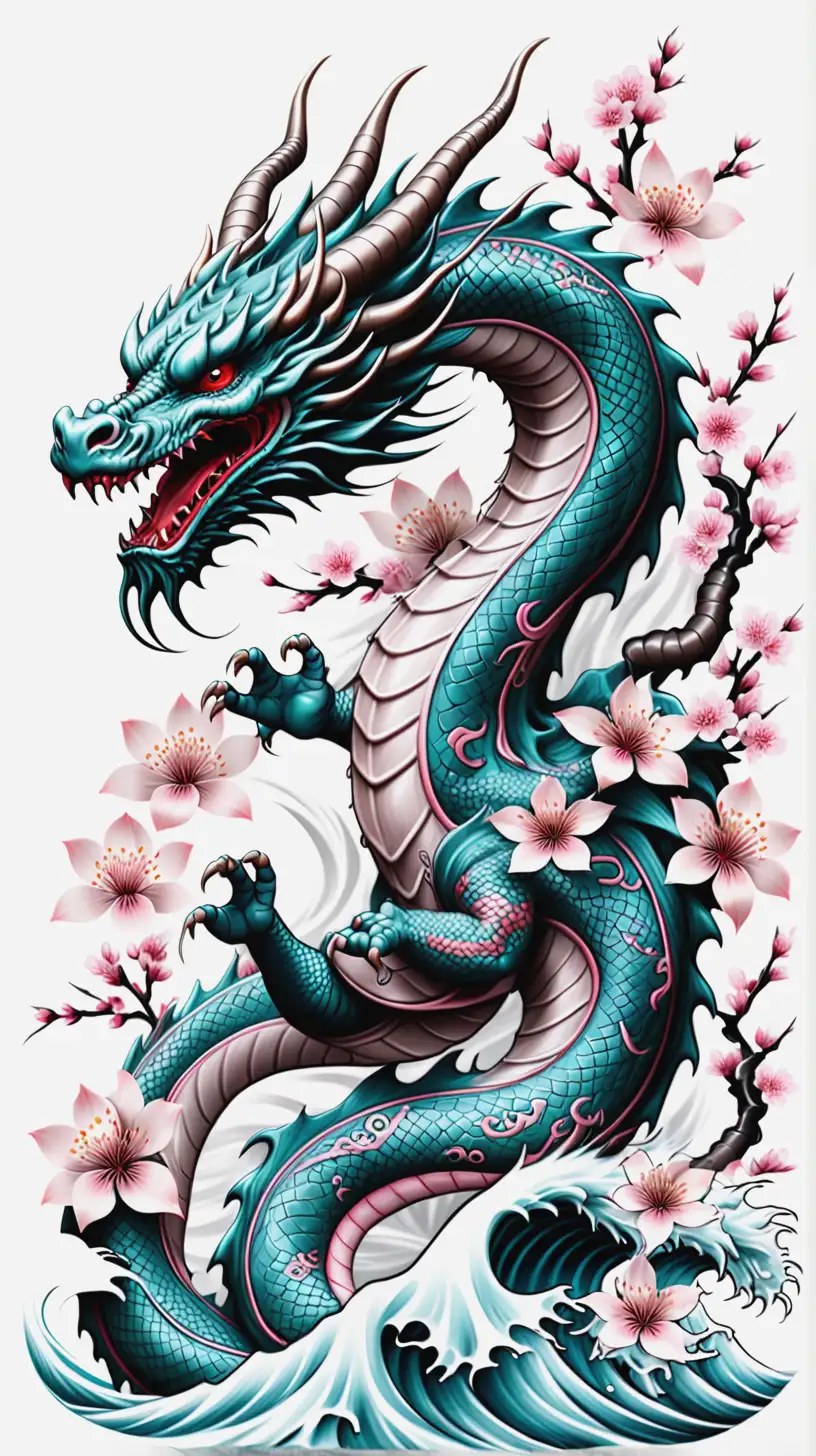 Hyper Realistic Dragon and Sakura Flowers with Wind Bars and Waves