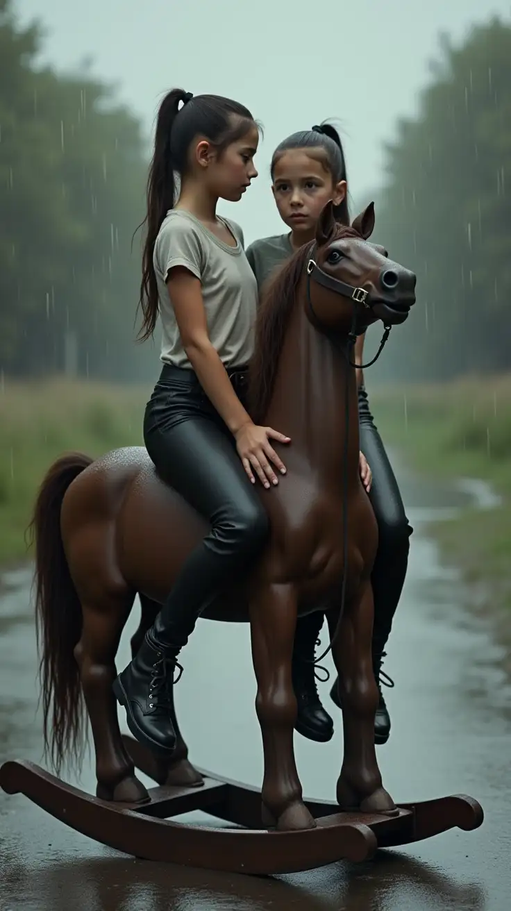 Two-Slender-Girls-on-a-Rocking-Horse-in-the-Rain-with-Leather-Leggings-and-Combat-Boots