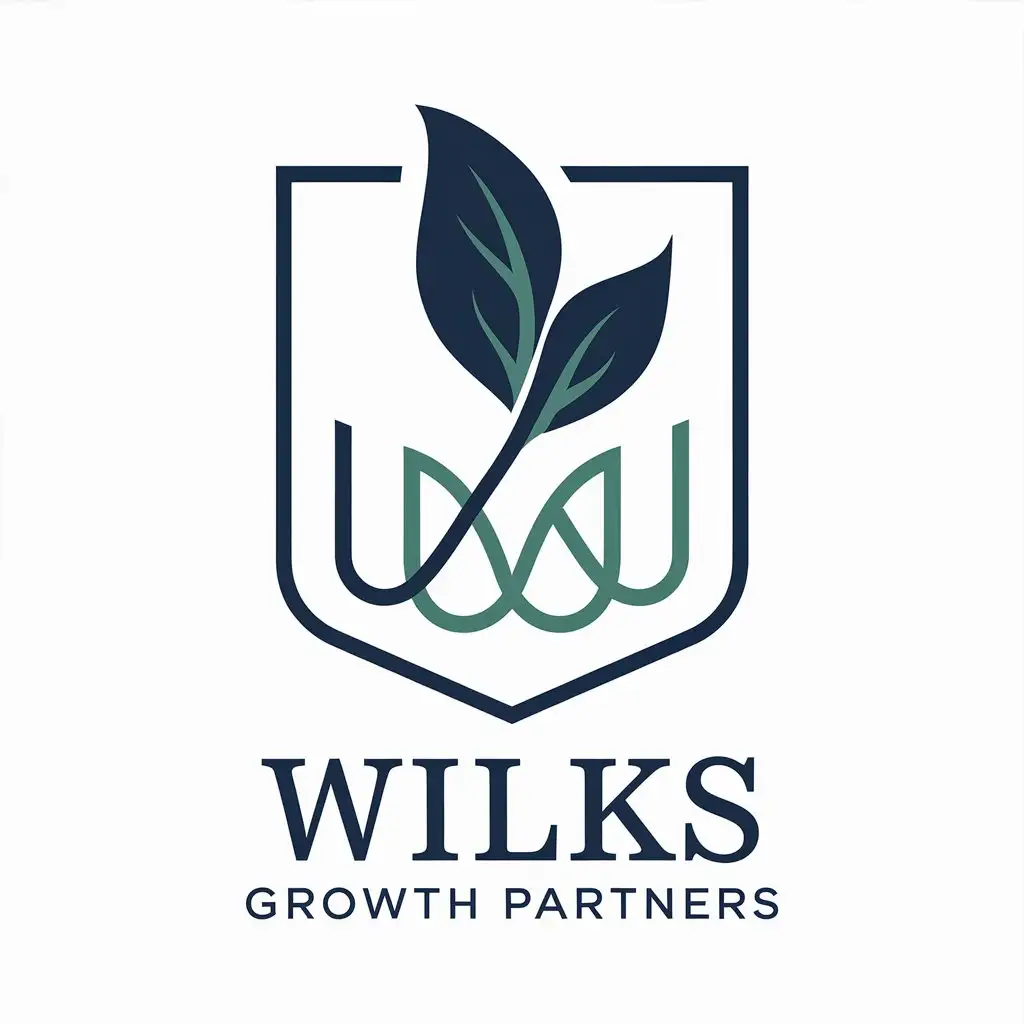 LOGO Design for Wilks Growth Partners Deep Blue Shield with Leaf Symbol and Intertwined W Lines