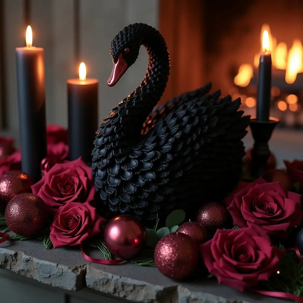 Elegant-Christmas-Fireplace-Decor-with-Black-Candles-and-Burgundy-Accents