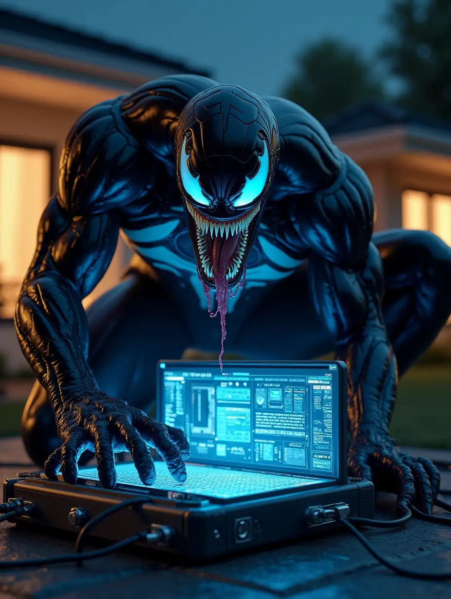 A highly detailed 3D render in 4K resolution of Venom crouching over a glowing futuristic supercomputer outdoors at night. Venom's massive, muscular body is covered in a glossy, inky black symbiote texture, reflecting ambient light dramatically. His sharp teeth and monstrous grin exude menace, with strands of saliva stretching between them. His large, white alien eyes glow faintly in the dark, enhancing his intimidating presence. He is hunched over a massive, futuristic, open supercomputer emitting a bright blue glow, illuminating his face and upper body. The computer is surrounded by tangled cables, wires, and cybernetic components, some of which seem to be merging with Venom’s symbiote. Several high-tech screens and devices are connected, with cryptic glowing data running across them. The background features a modern suburban house with warm glowing windows, contrasting with the eerie, sci-fi setting in the foreground. The scene is set under a clear, starry night sky, adding a cinematic and mysterious atmosphere. The lighting setup emphasizes the glowing blue hues of the supercomputer, casting a sci-fi ambiance over the entire scene. Ultra-realistic textures, fine details in muscle definition, and the wet, organic nature of the symbiote suit make the image photorealistic and immersive. The scene captures a fusion of superhero, sci-fi, and cyberpunk aesthetics, portraying Venom as a terrifying force interacting with advanced technology.