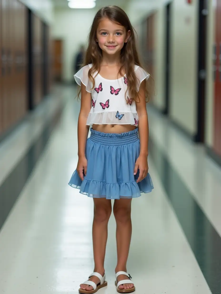 Slender young girl, brown hair, blue eyes, shiny skin. Cropped white blouse, wide low neckline, sheer cap sleeves, patterned with pink and blue butterflies. Ruffled blue miniskirt, low on her hips, white sandals. Standing in a hallway in a school, facing the camera. Long slender thighs visible.