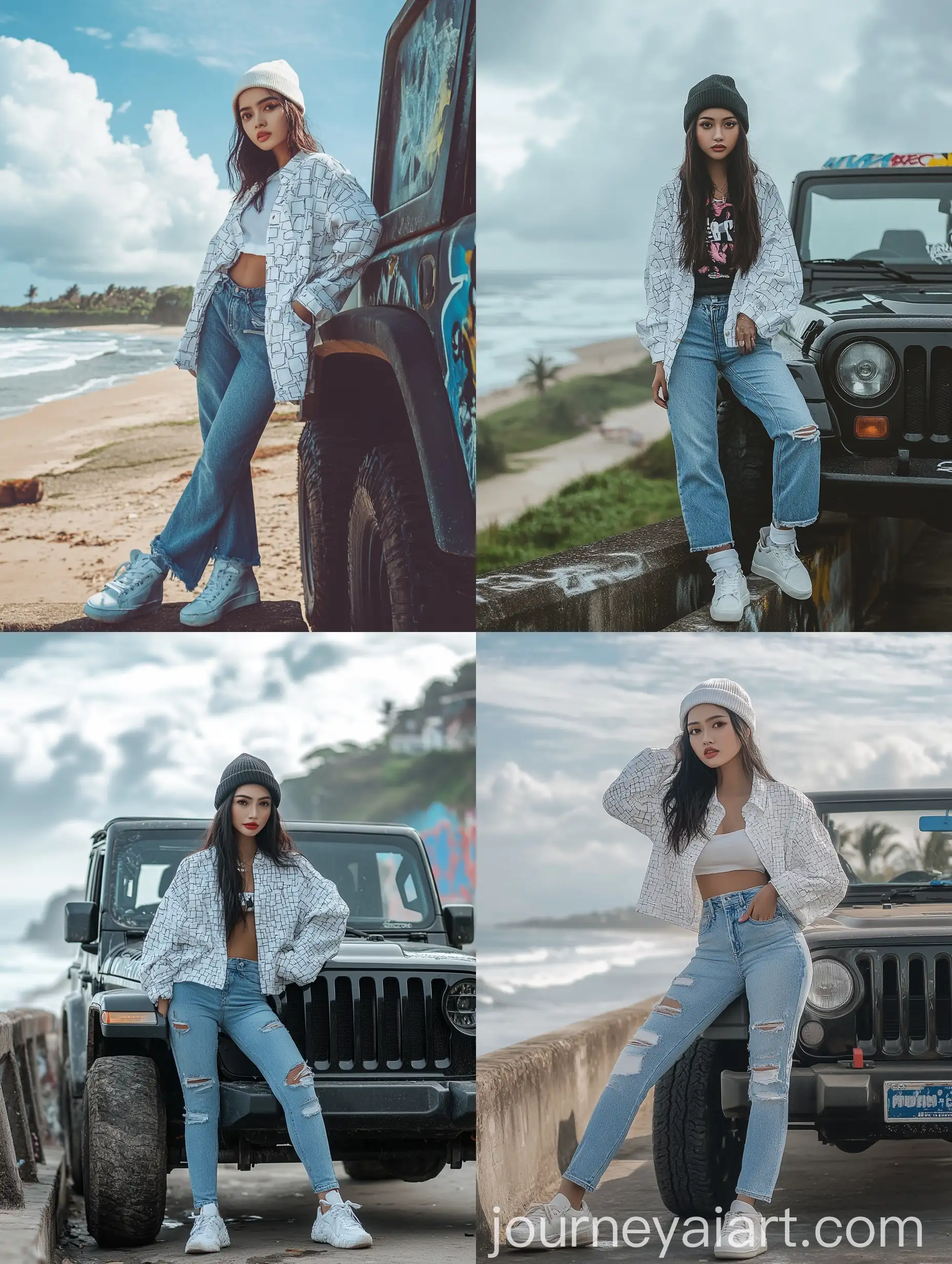 Indonesian-Woman-in-Urban-Setting-by-Black-Jeep-on-Old-Bridge-with-Beach-View