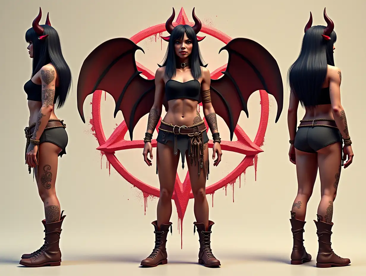 1990s 3D ps1 styled PlayStation character model sheet featuring a 3D polygonal characters models of Where A devil Horned Pretty bat winged fanged black haired attractive human woman wearing a tattered tribal waist cloth and sleeveless black t-shirt in tattoos stands in front of a red marked pentagram styled 3d 3rd person perspective video game in ps1 3D retro 3D graphics