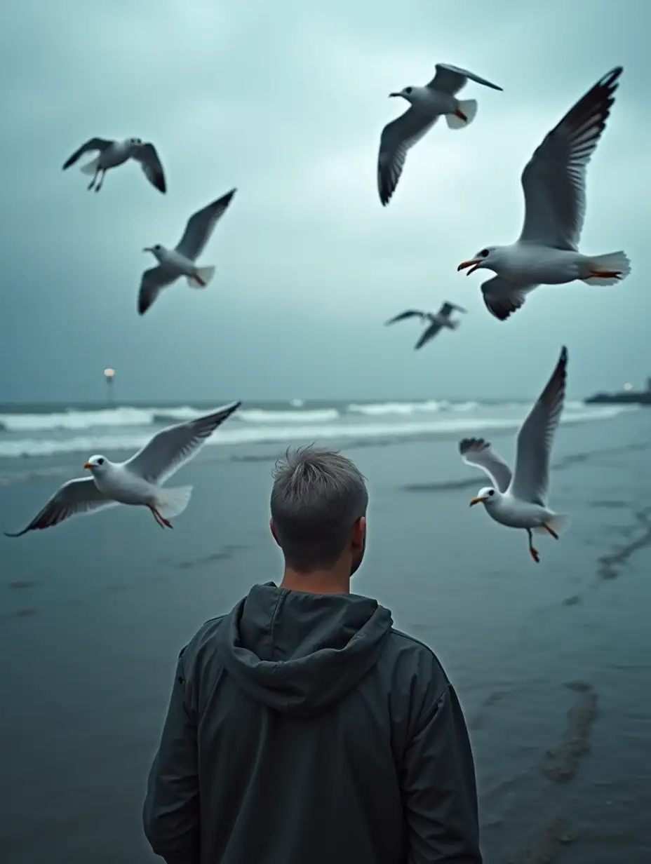 Several seagulls shouting at a man photo on wide-angle lens 14 mm, horizon, distorted perspective, f 1.2, rain is coming, very strong emotions