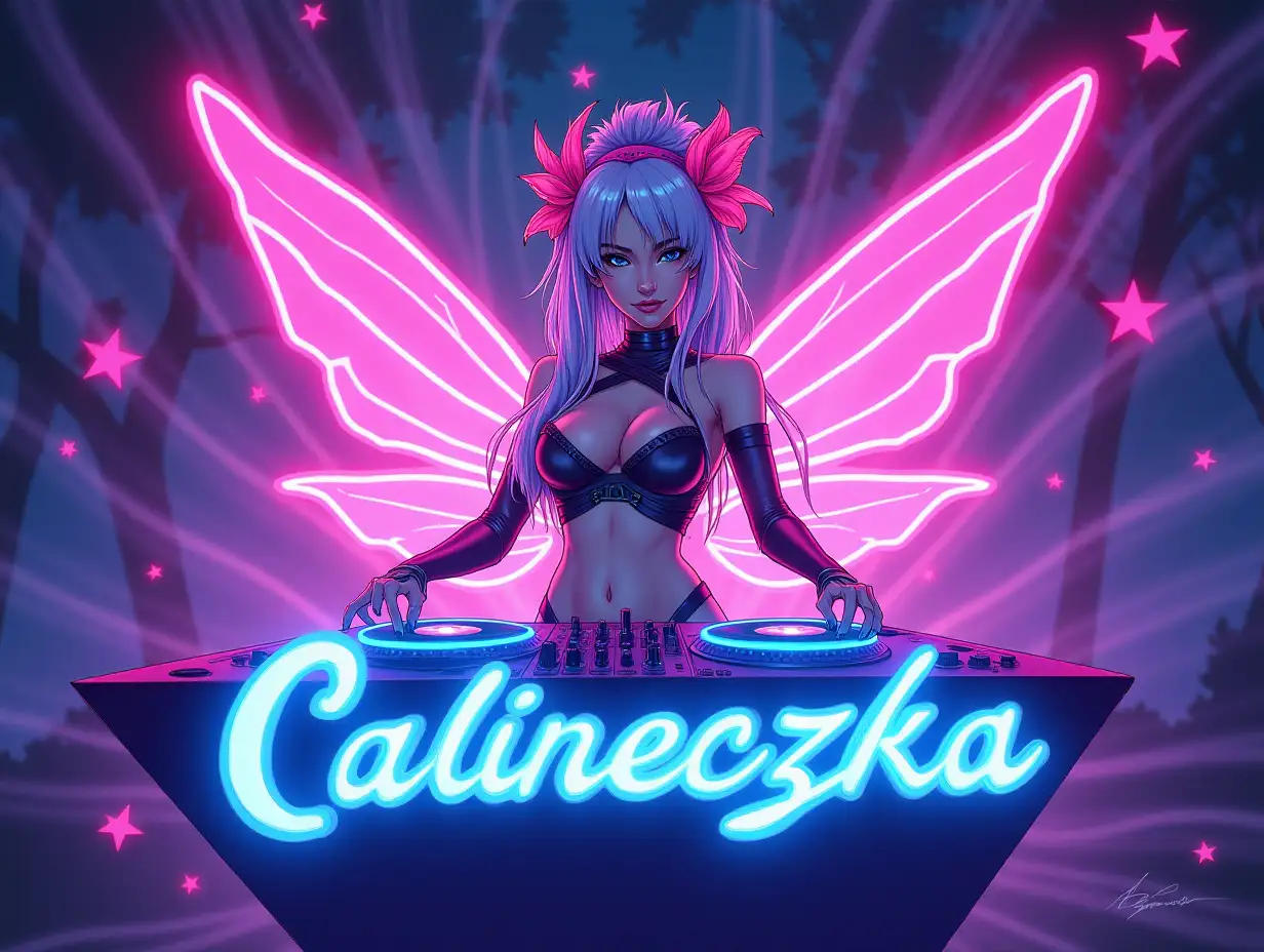 A vibrant and energetic illustration of a female DJ named 'Calineczka.' She has a delicate, fairy-like appearance with a modern, edgy twist. Her outfit blends futuristic elements with whimsical, floral-inspired designs, featuring glowing accents that resemble petals. She is standing behind a sleek, high-tech DJ booth with glowing turntables, surrounded by swirling lights and a dynamic, magical aura. The setting combines a vibrant nightclub atmosphere with subtle hints of a fairy tale forest. The name 'Calineczka' is displayed in bold, modern typography, integrated into the scene with glowing, ethereal letters that match the overall magical vibe. The color palette includes neon purples, blues, and soft pinks for a captivating and otherworldly feel