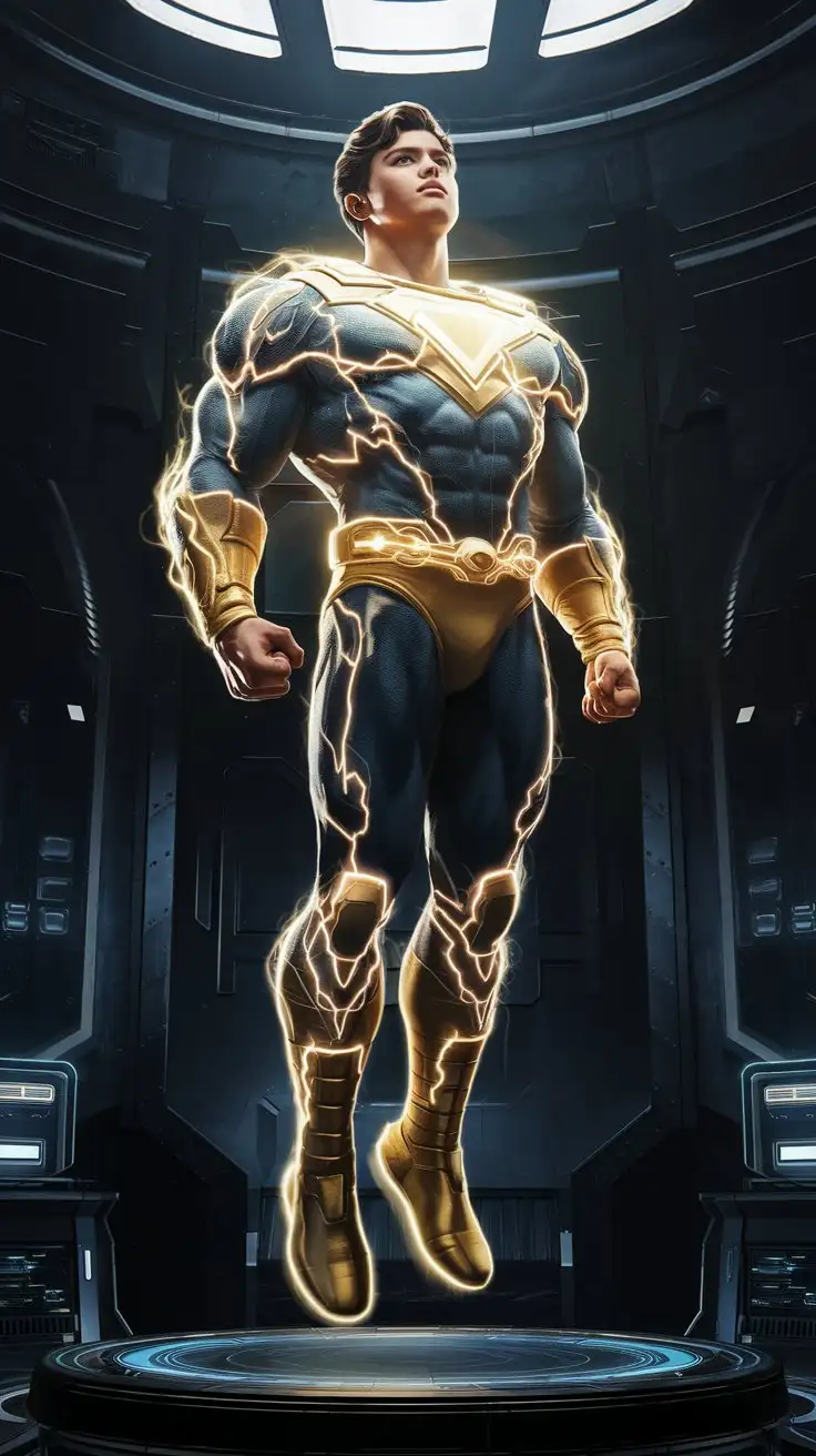 In a secret futuristic bunker. Supercharged brawn. Herculean powers. Golden electrical glow. 16-year-old superhero stands on a dais. Warrior of virtue. Hero of power. Man of destiny. Gazing reverently upward as he levitates in flight. Photorealistic.