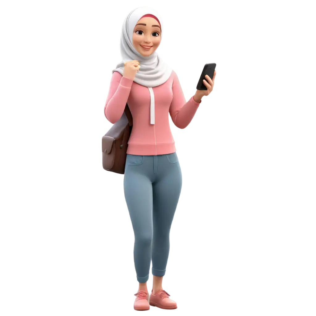 3D-PNG-Image-of-a-Woman-Smiling-in-Hijab-Playing-Handphone