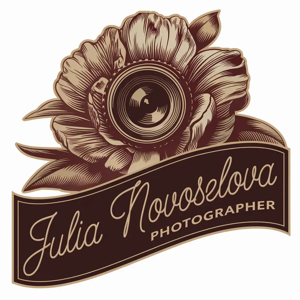 a vector logo design,with the text "Julia Novoselova Photographer", main symbol:Flower or camera in vintage style,Moderate,be used in photographer industry,clear background