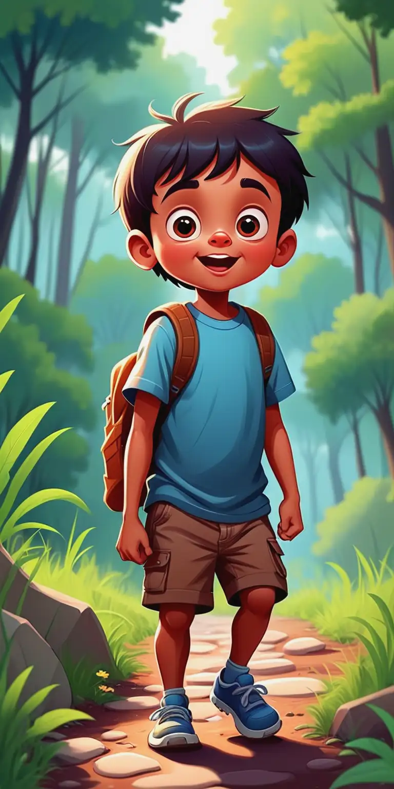 Playful Cartoon Boy Enjoying Nature in a Lush Landscape