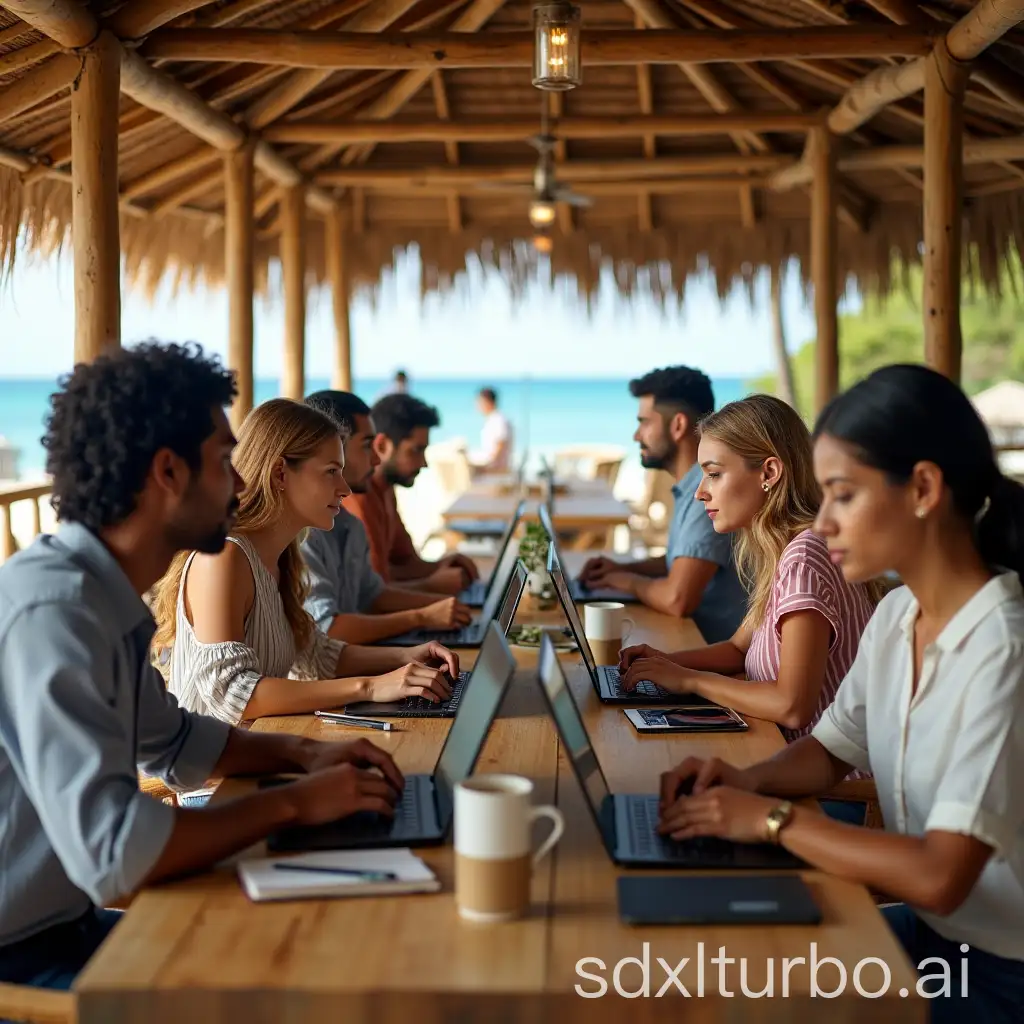 Diverse-Professionals-Working-on-Laptops-in-Bamboo-Beachside-Bar