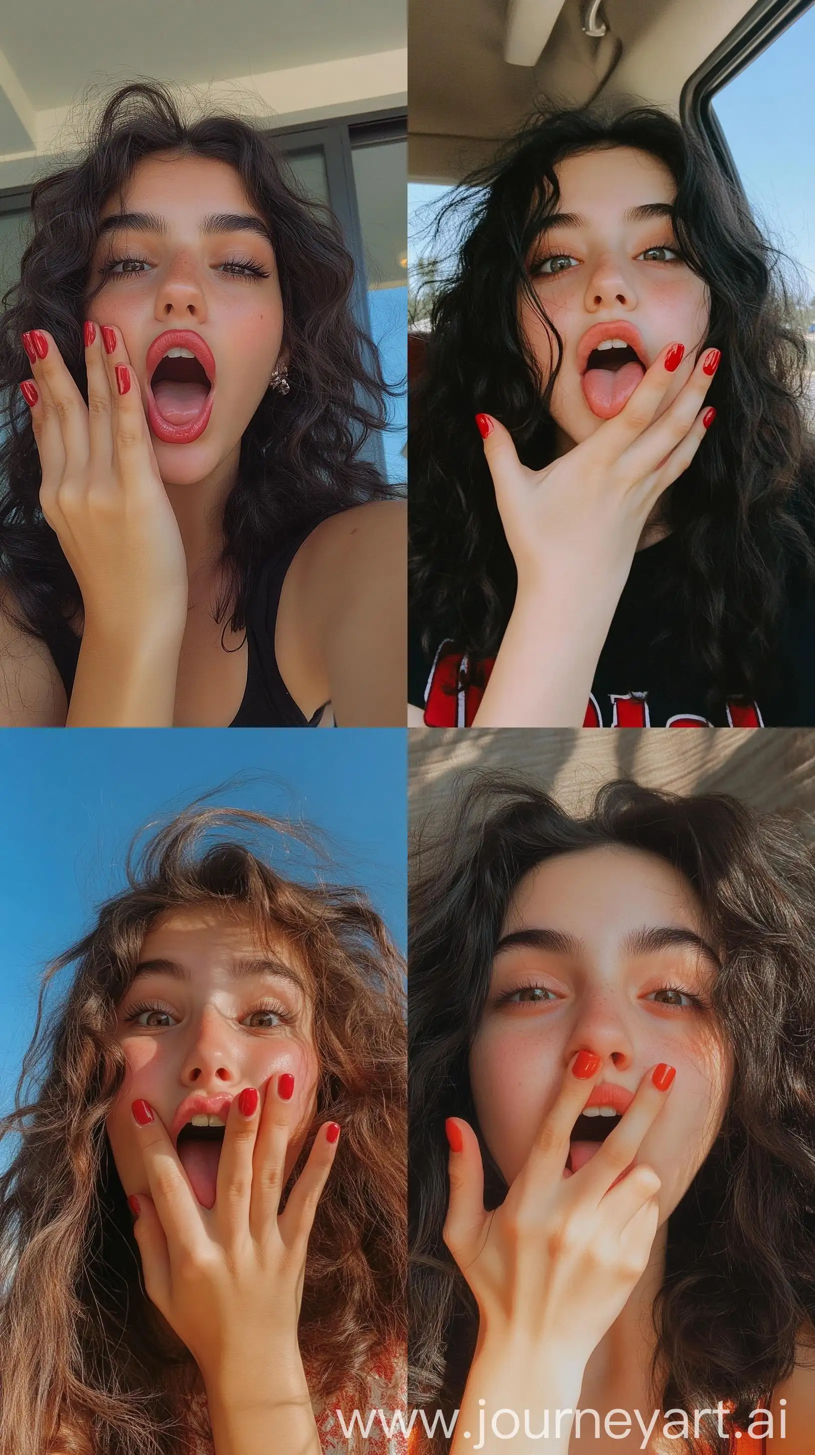 Spanish-Teenage-Girl-Making-Silly-Face-with-Red-Gel-Nail-Polish