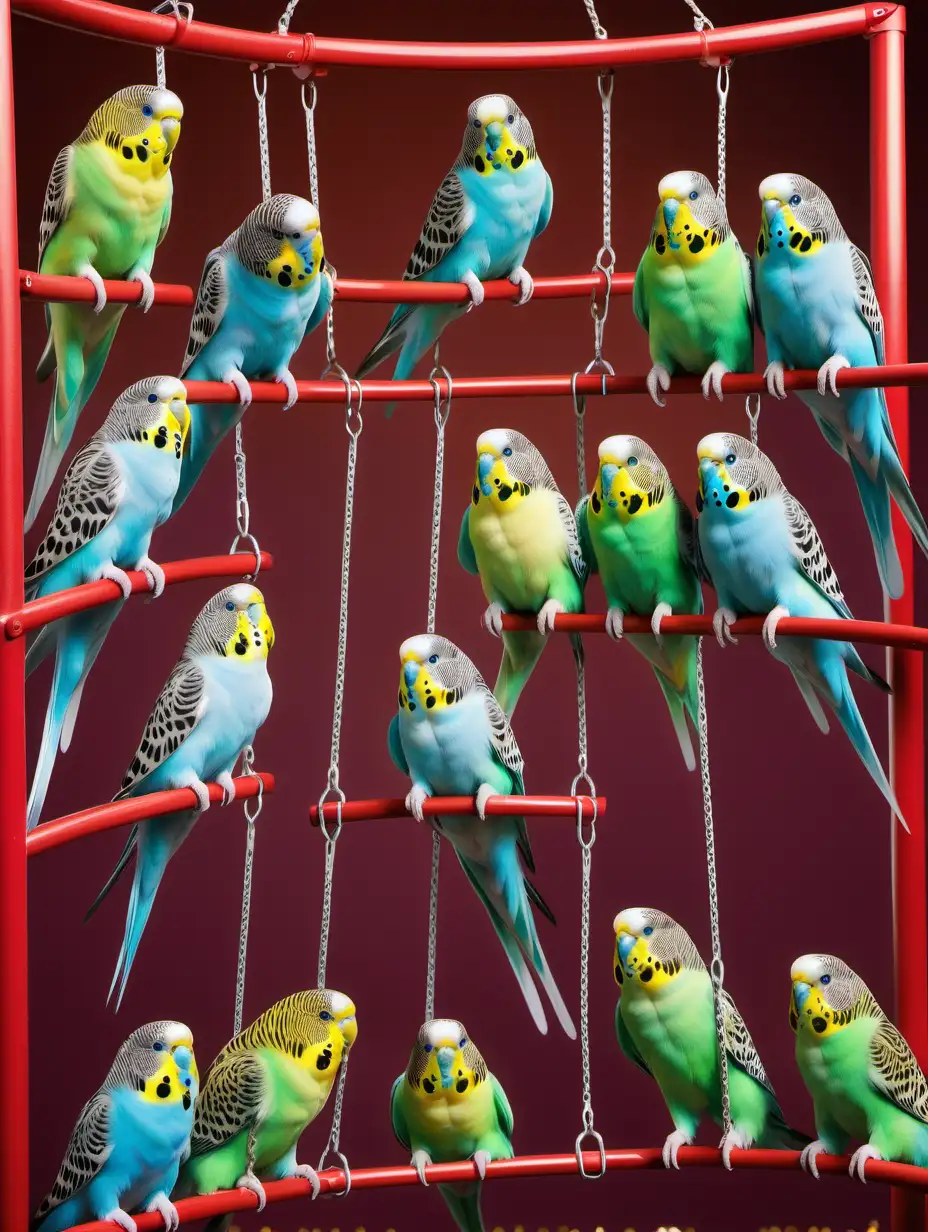 Vibrant Budgies Surrounding a Circus Performer on a Swing