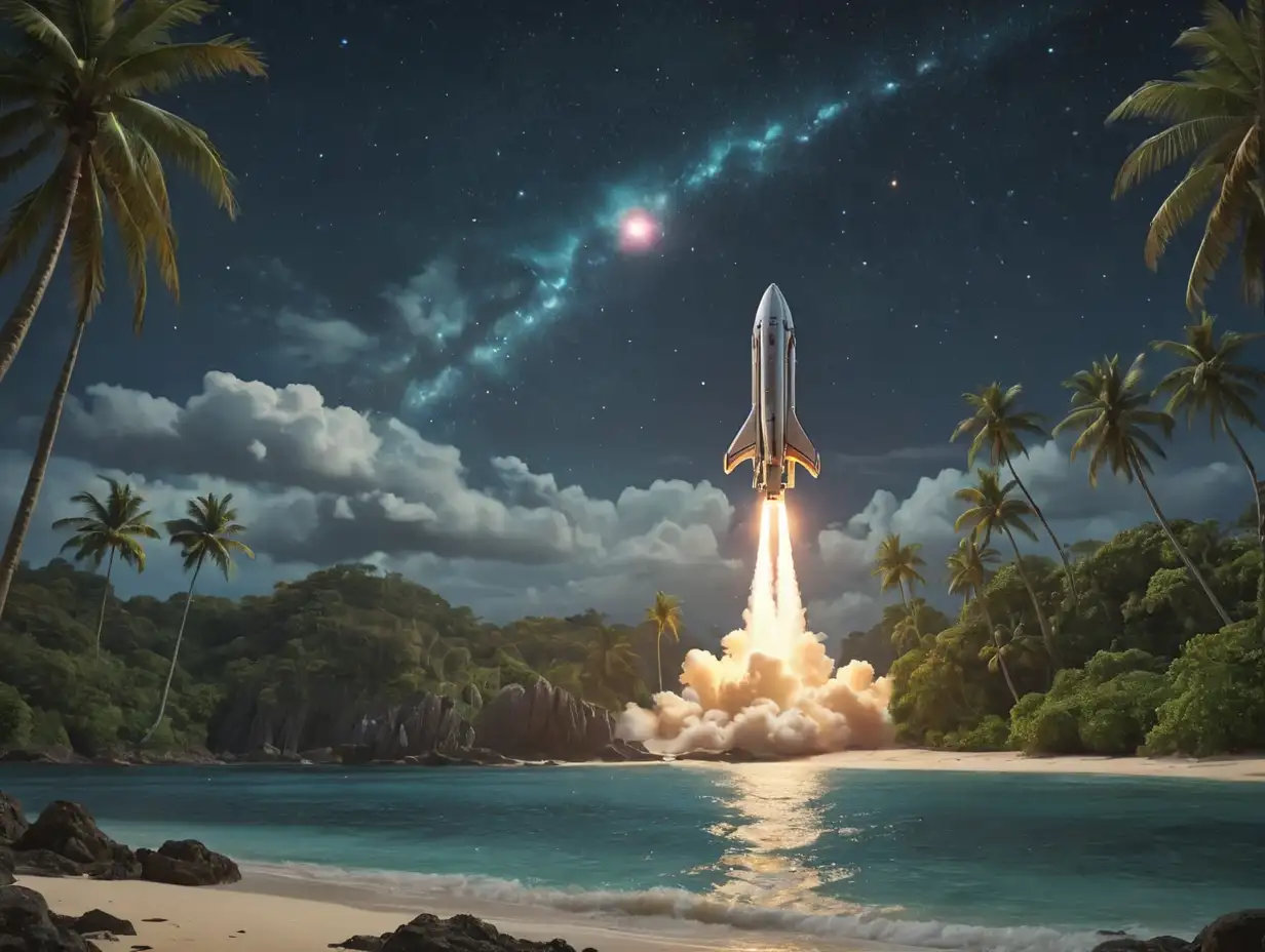 Alien-Spaceship-Launching-from-Tropical-Island-into-Starry-Sky