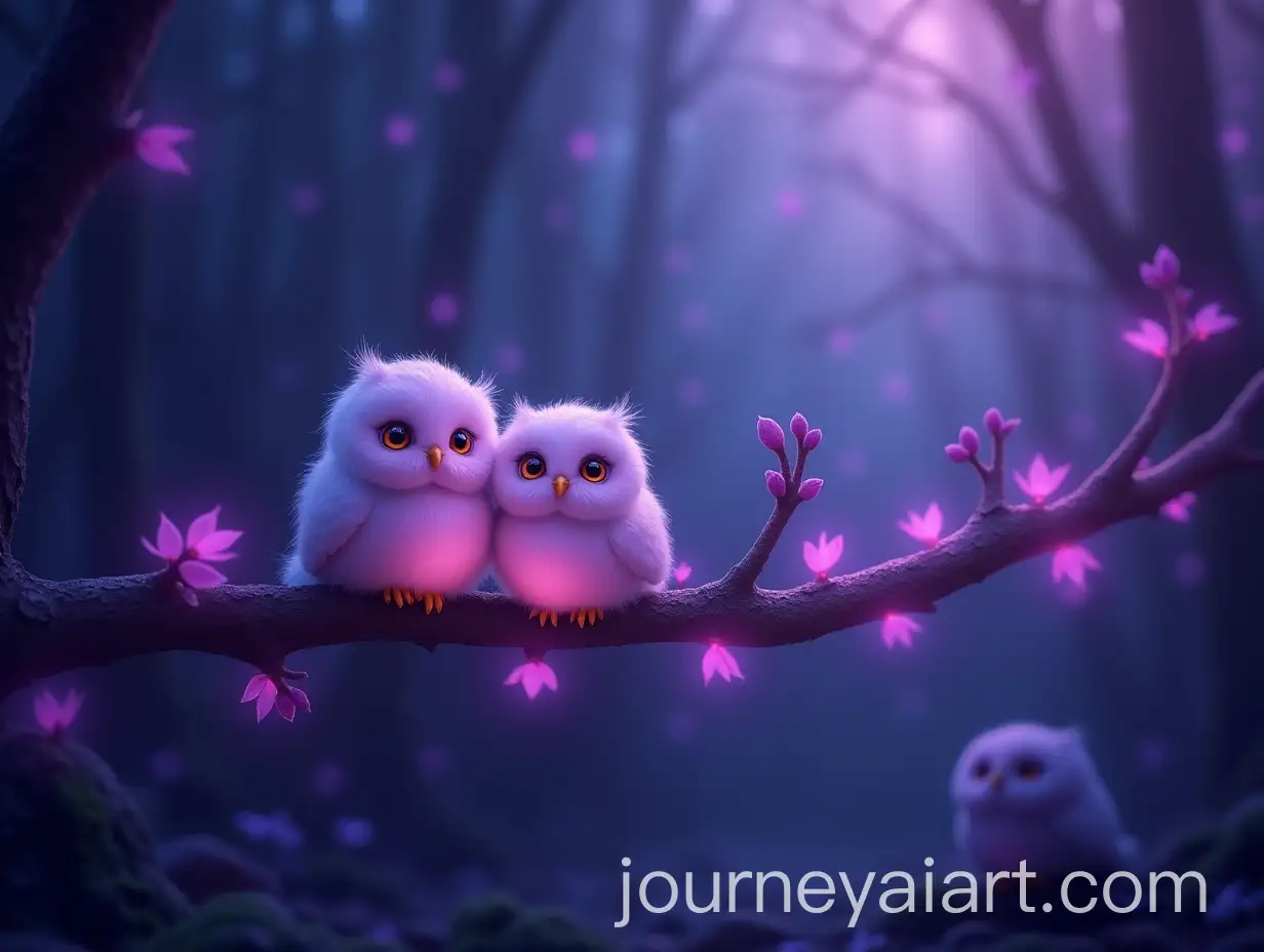 Enchanting-Owls-Perched-on-Glowing-Branch-in-Mystical-Forest