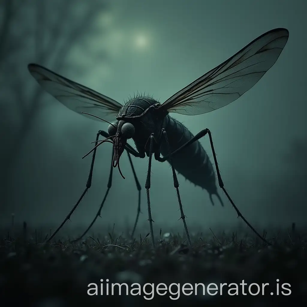 giant mosquito which is scary which has several eyes because of the radioactivity, the image must be rather dark and if possible the mosquito must fly over Chernobyl