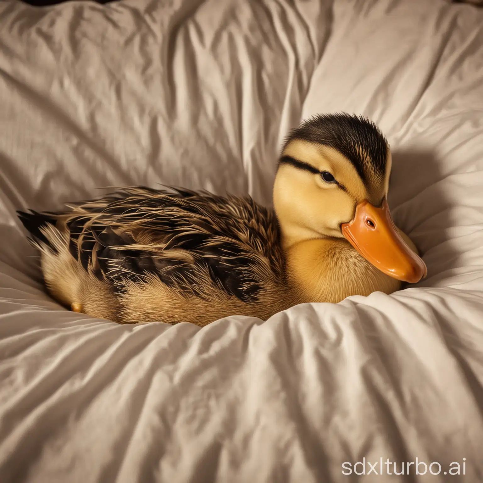 Cozy-Sleepy-Duck-Nestled-in-Bed