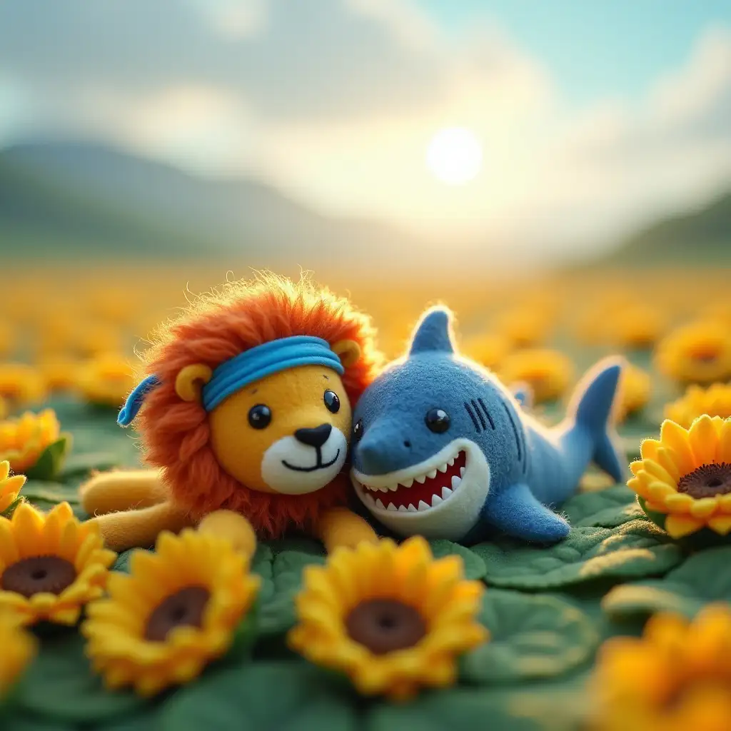 Adorable-Lion-in-Blue-Headband-with-Cute-Shark-in-Dreamlike-Sunflower-Sea