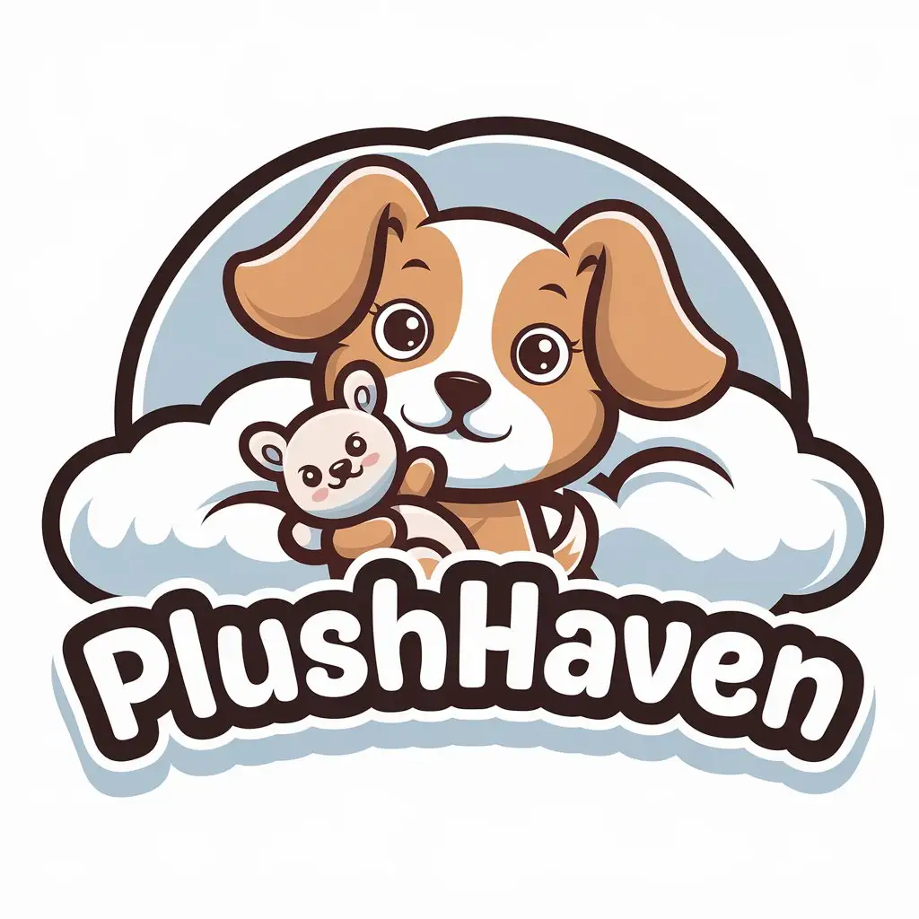 LOGO Design for PlushHaven BigEared Puppy with Plush Heaven Background in Cute Realism and Cartoon Style