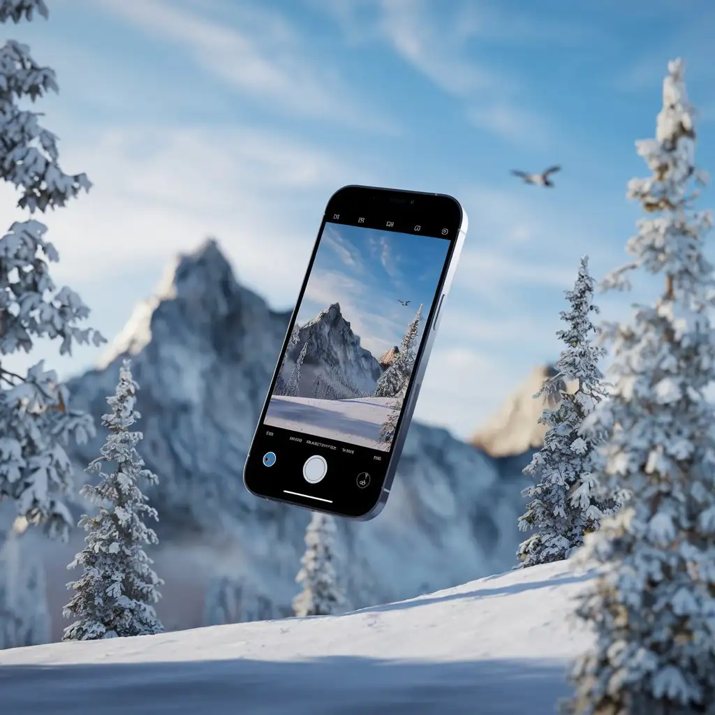 iPhone-Floating-in-the-Air-with-3D-Special-Effects-against-Winter-Nature-Background