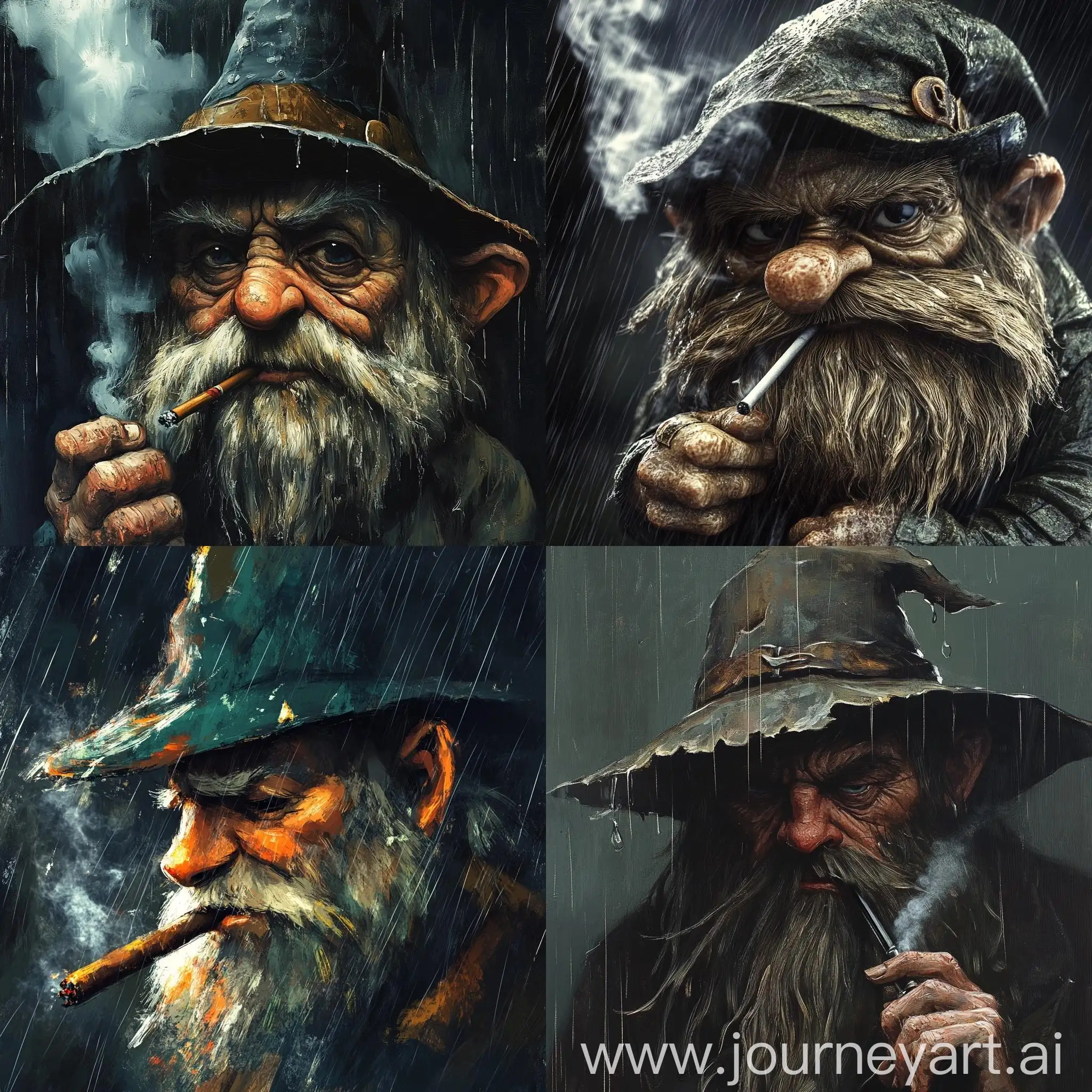 Lonely-Dwarf-Smoking-in-the-Rain-with-a-Hat