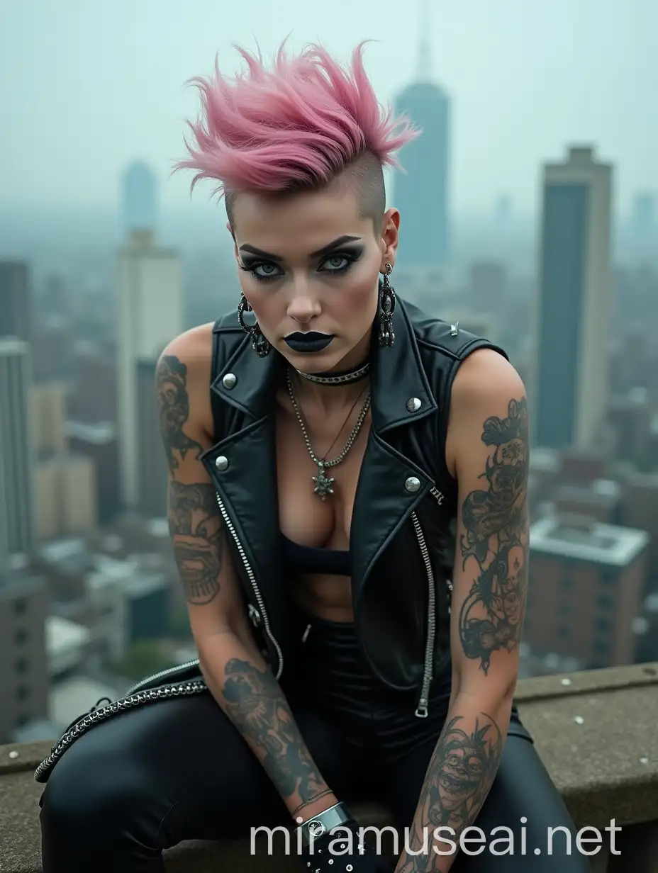 PunkStyled Woman with Mohawk in Gritty Urban Landscape