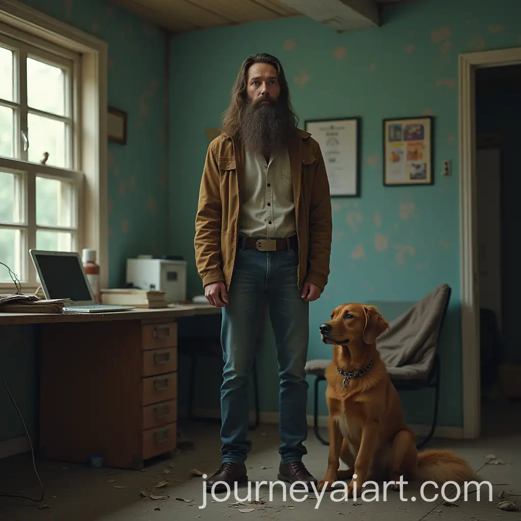 Man-with-Beard-and-Long-Hair-in-80s-Vibe-Abandoned-Office-with-Dog-in-PostApocalyptic-World
