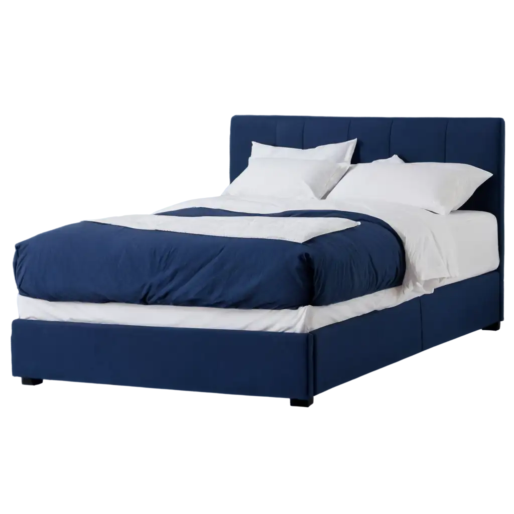 Create a bed. Navy blue bedframe, white covers, front angle