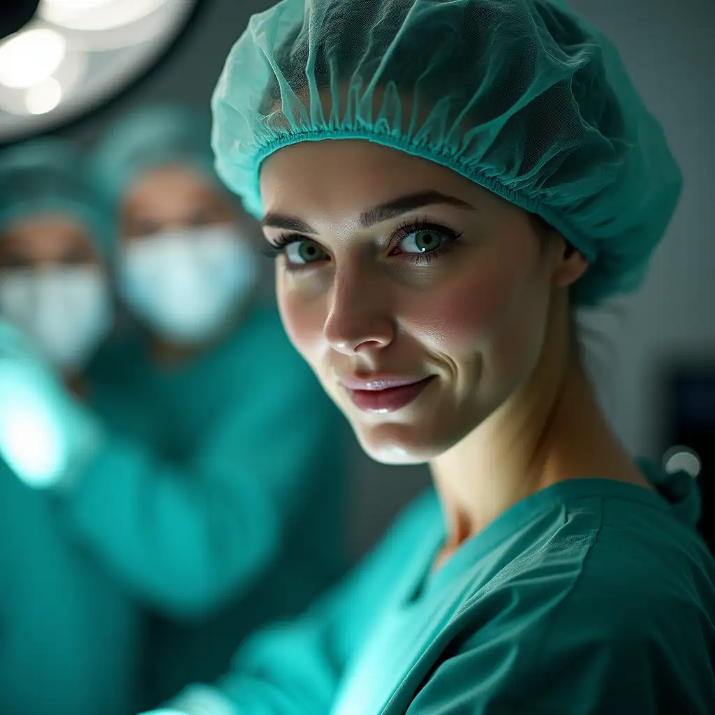 A photo taken with an iPhone of a beautiful women surgeon. Dynamic light. Realistic, surgery room, green eyes, side pose during surgery.