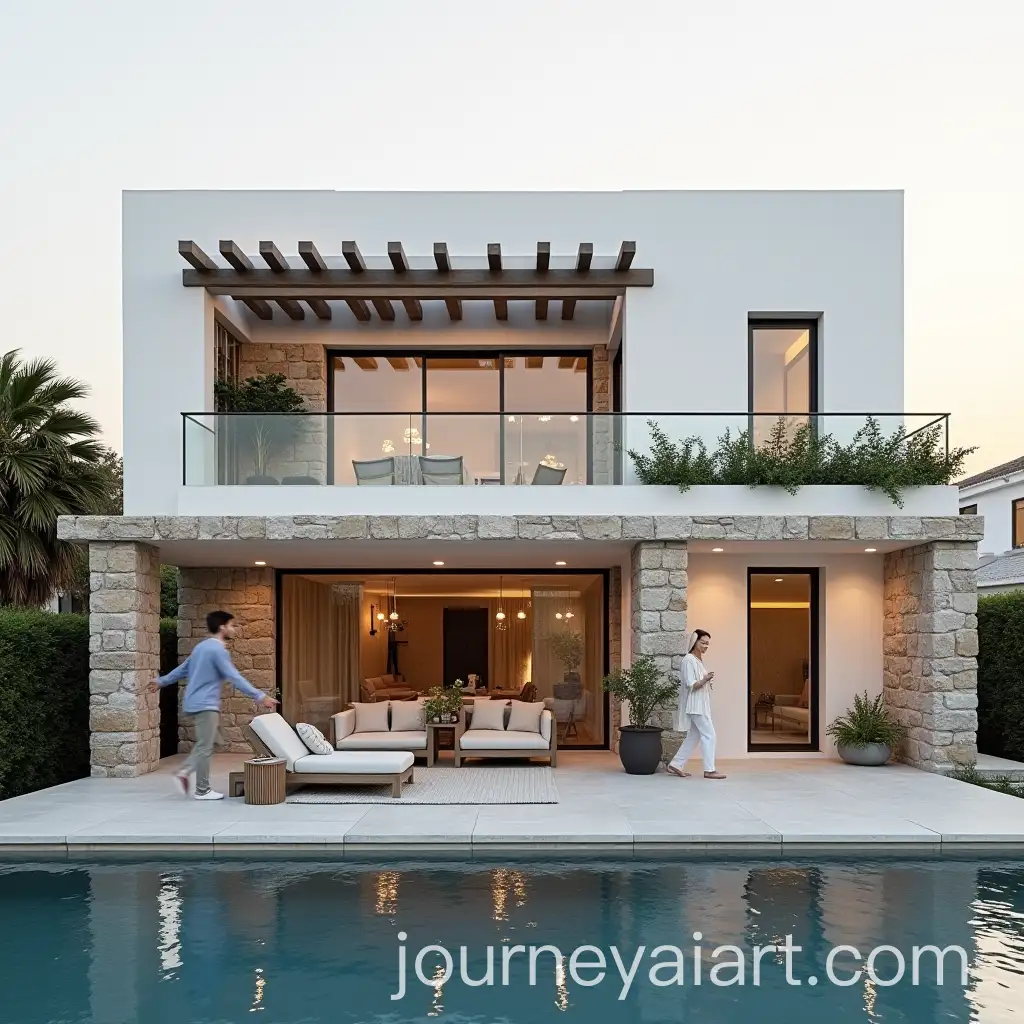 TwoStory-White-House-with-Pergola-and-Pool-at-Sunset