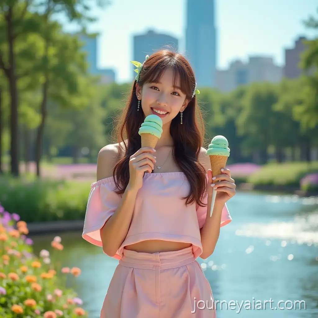 Kim-Chaewon-Enjoying-Summer-in-a-Pastel-Pink-OutfitAI-Image-Prompt-Expansion-with-Ice-Cream-in-a-Park