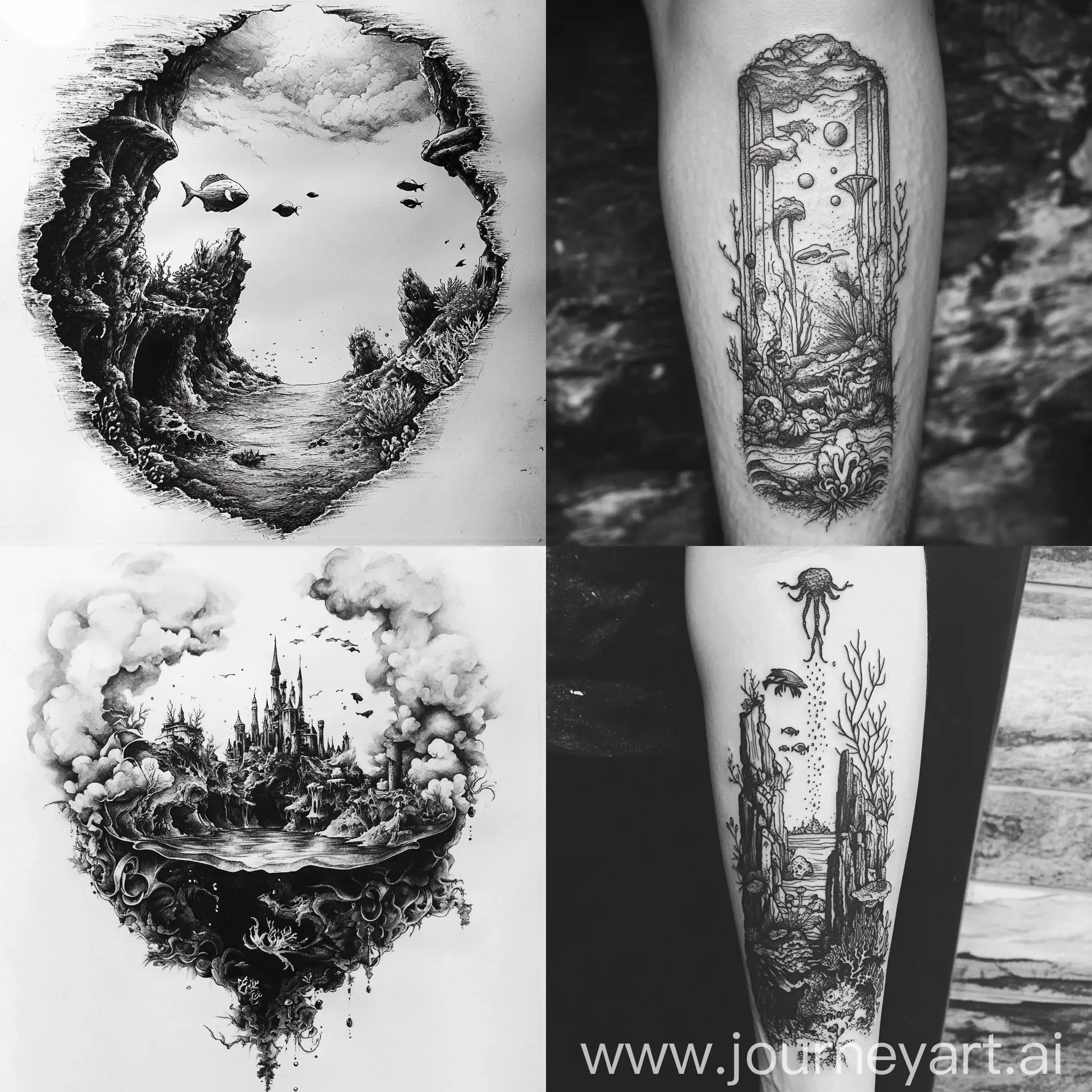 Underwater-Black-and-White-Tattoo-Design-with-Intricate-Details