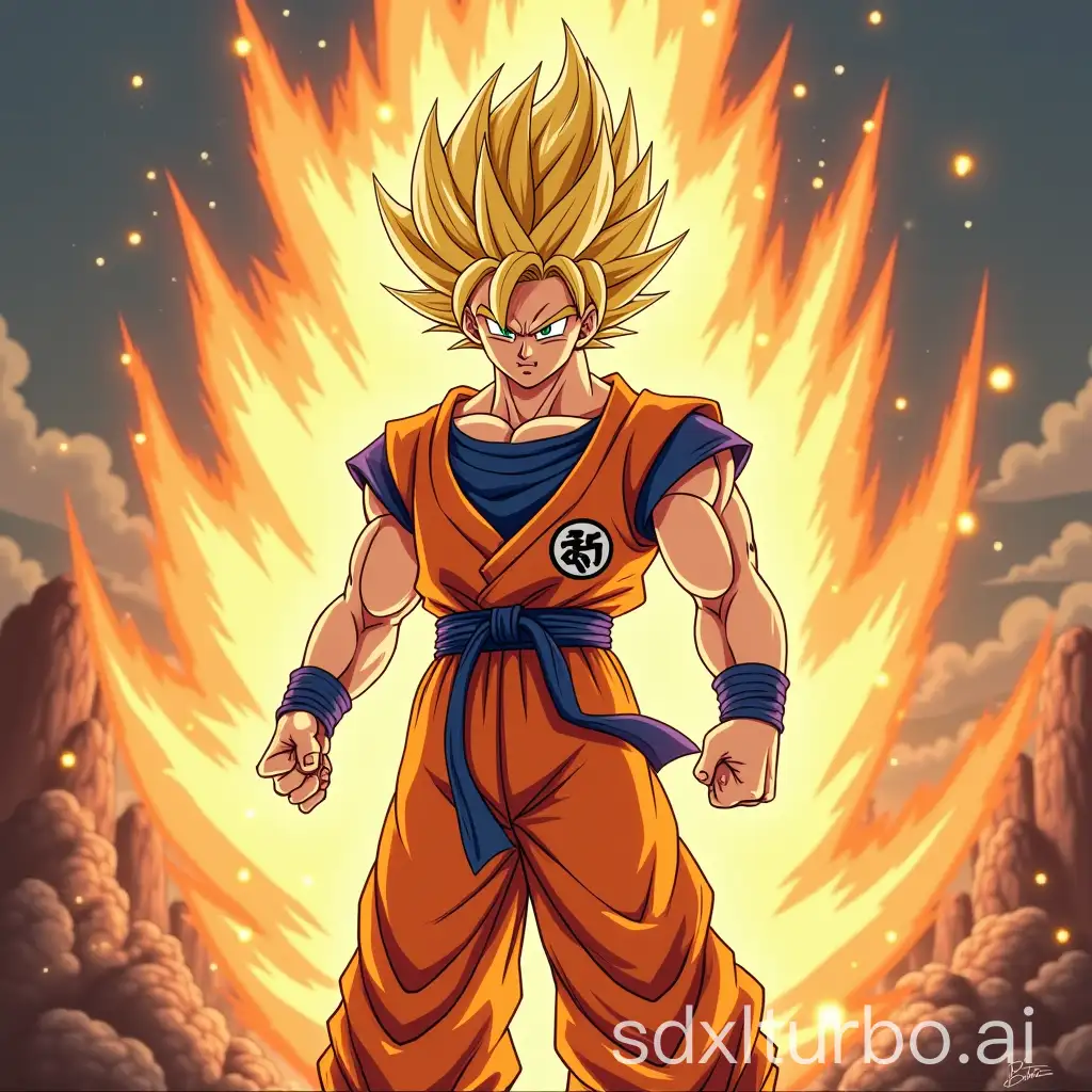 Goku in super saiyan front, expelling his power, Dragon Ball Z style