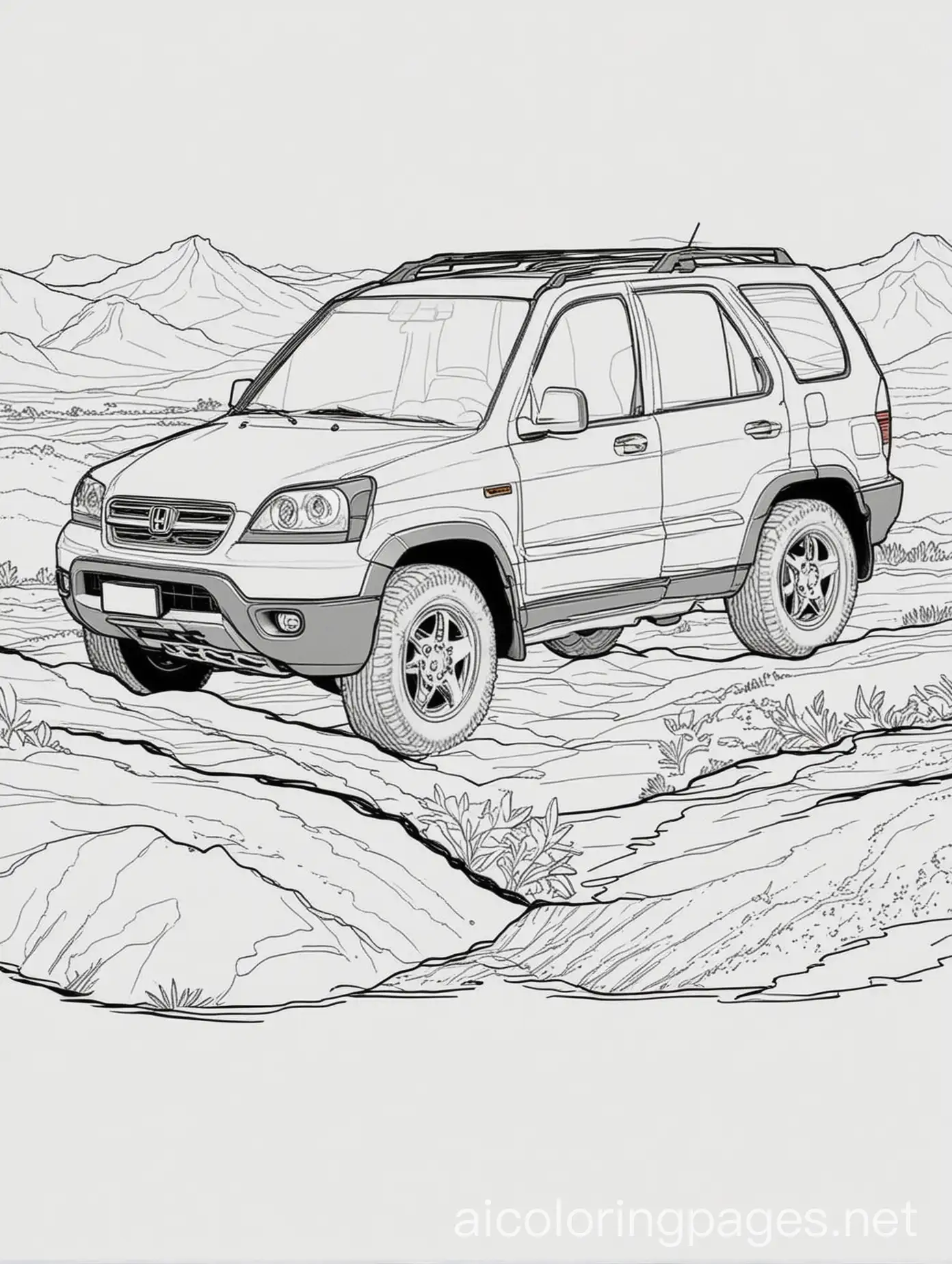 Honda CRV  1999-2001, Off-Roading Modified, Coloring Page, black and white, line art, white background, Simplicity, Ample White Space. The background of the coloring page is plain white to make it easy for young children to color within the lines. The outlines of all the subjects are easy to distinguish, making it simple for kids to color without too much difficulty, Coloring Page, black and white, line art, white background, Simplicity, Ample White Space. The background of the coloring page is plain white to make it easy for young children to color within the lines. The outlines of all the subjects are easy to distinguish, making it simple for kids to color without too much difficulty