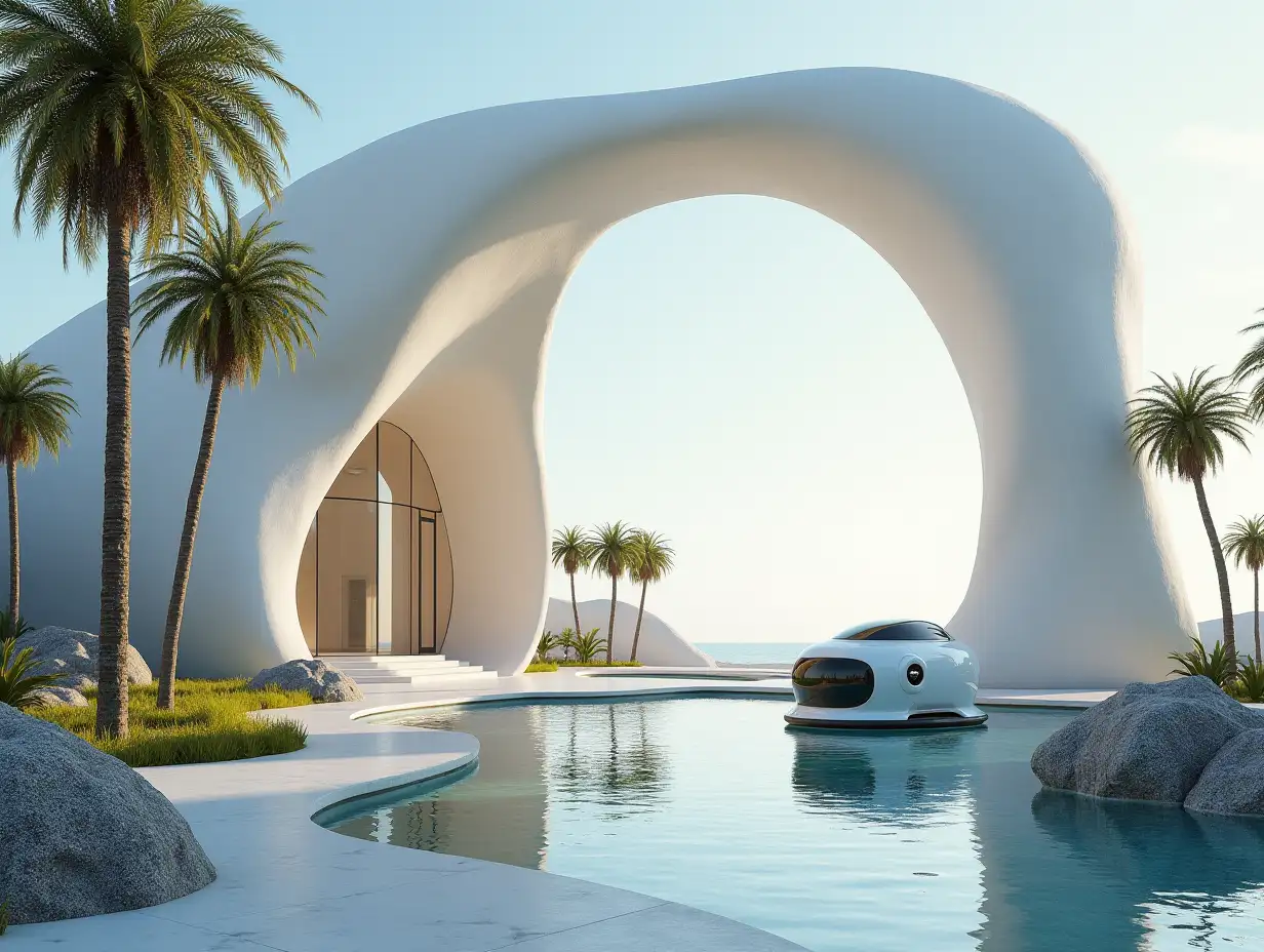 Create a high-resolution realistic image in 4k resolution of a futuristic building with curved pillars, palm trees, rocks and a futuristic vehicle