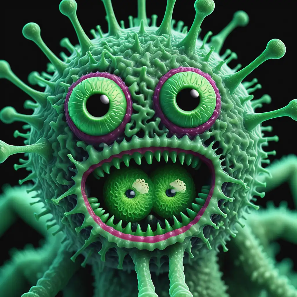 Sinister Green Virus with Eyes and Laughing Mouth Under Microscope