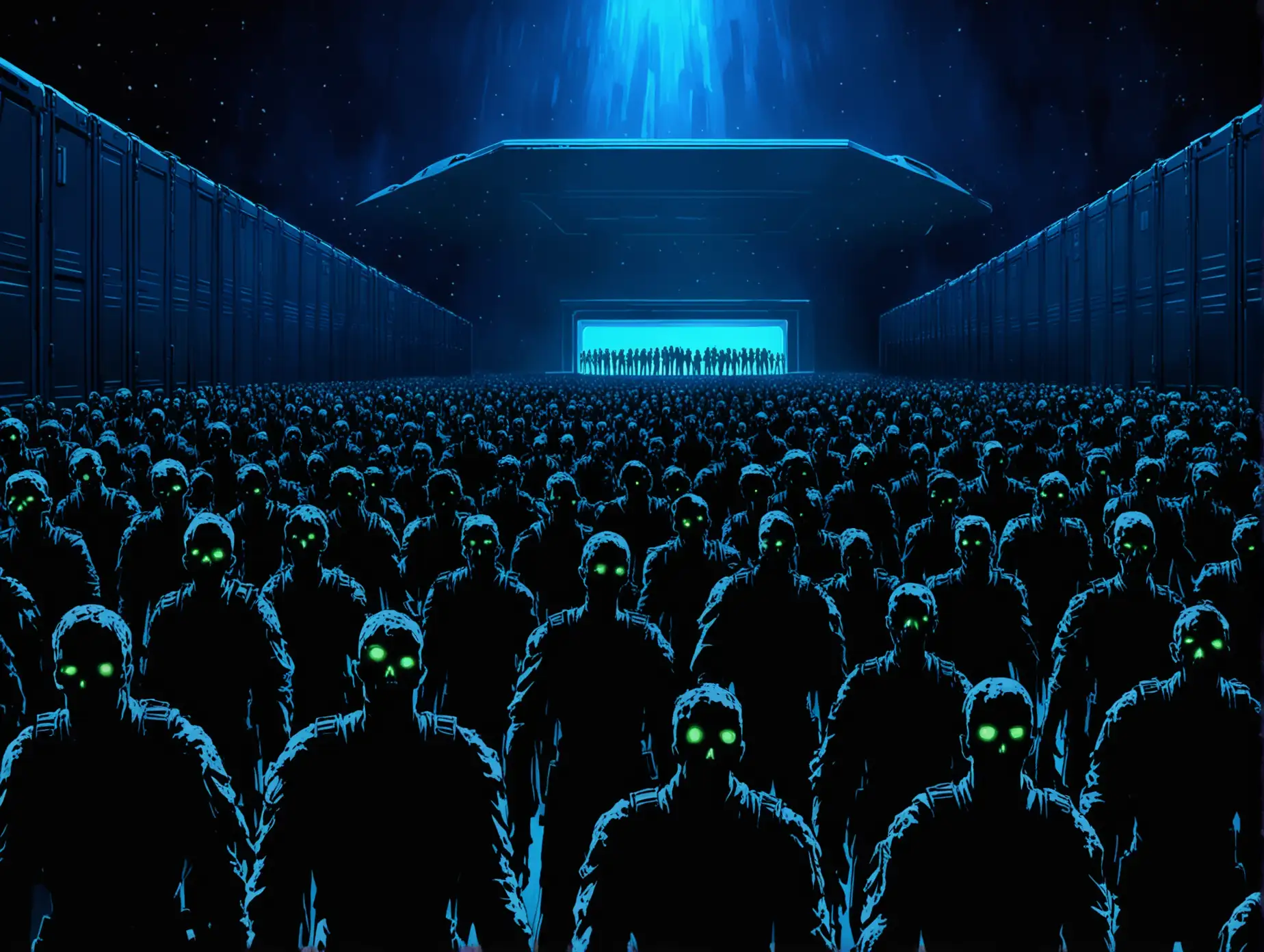 Zombie-Soldiers-in-Spaceship-Hall-Under-Blue-Night-Light