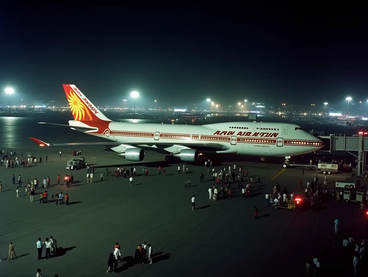 A bustling Mumbai airport at night on January 1, 1978, filled with passengers and crew preparing for departure. The scene is lit by bright terminal lights, with a large Air India Boeing 747 named 'Samrat Ashok' parked on the tarmac, ready for takeoff.