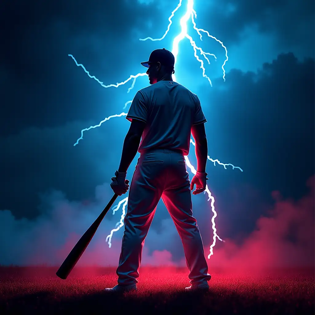 A powerful baseball player stands confidently with a bat in hand, silhouetted against a dramatic stormy sky. Lightning crackles behind him, and a glowing blue and red aura surrounds his figure. The atmosphere is intense and energetic, evoking the excitement of the game. Alcohol Ink and neon