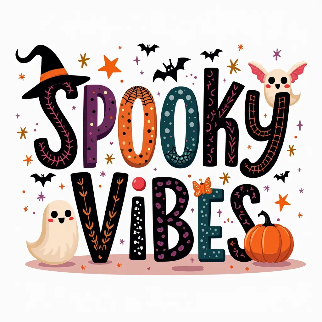 Vector. Create a fun and whimsical Halloween-themed design featuring the phrase 'Spooky Vibes' in large, bold letters. Each letter should be filled with a different Halloween-inspired pattern, such as spiderwebs, ghosts, bats, and skulls, using a mix of colors like black, orange, purple, pink, and teal. Add extra Halloween elements, including a small ghost sitting on the letters, a witch hat on the letter 'V,' and a cute pumpkin and bat nearby. Surround the design with sparkly stars and other spooky accents. The overall vibe should be playful, colorful, and perfect for the Halloween season.