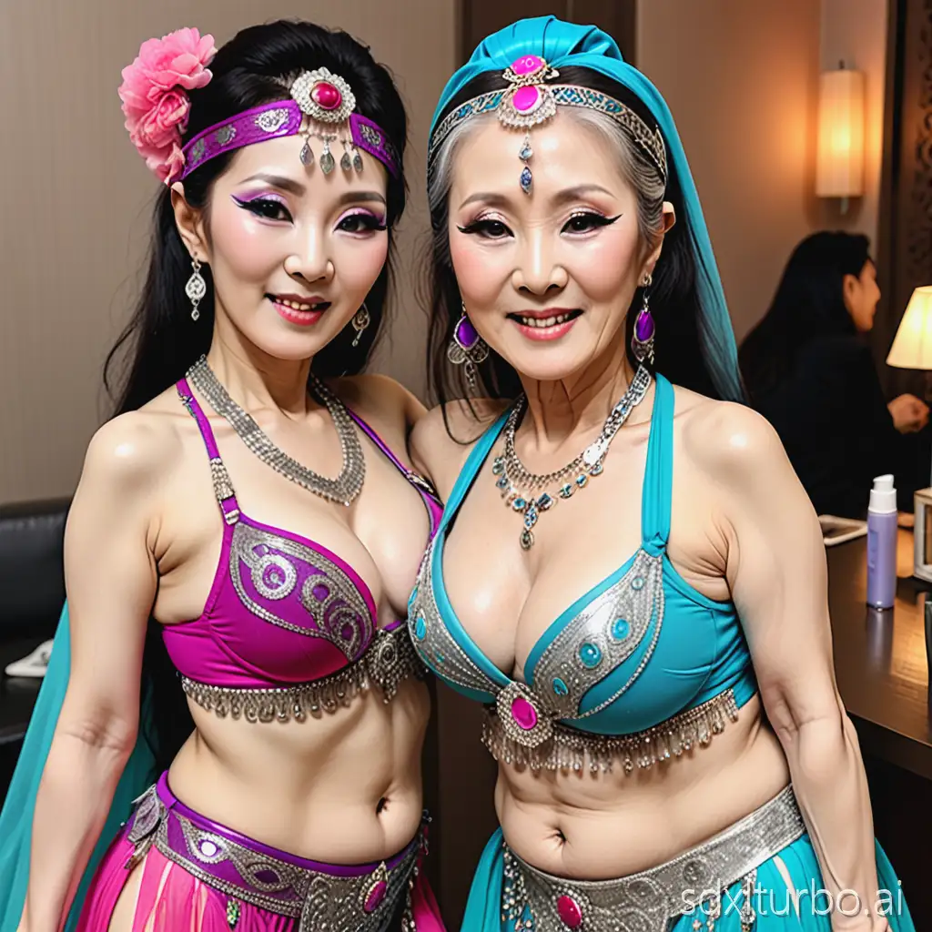 Korean bellydancer of age 60 with her friend they use makeup